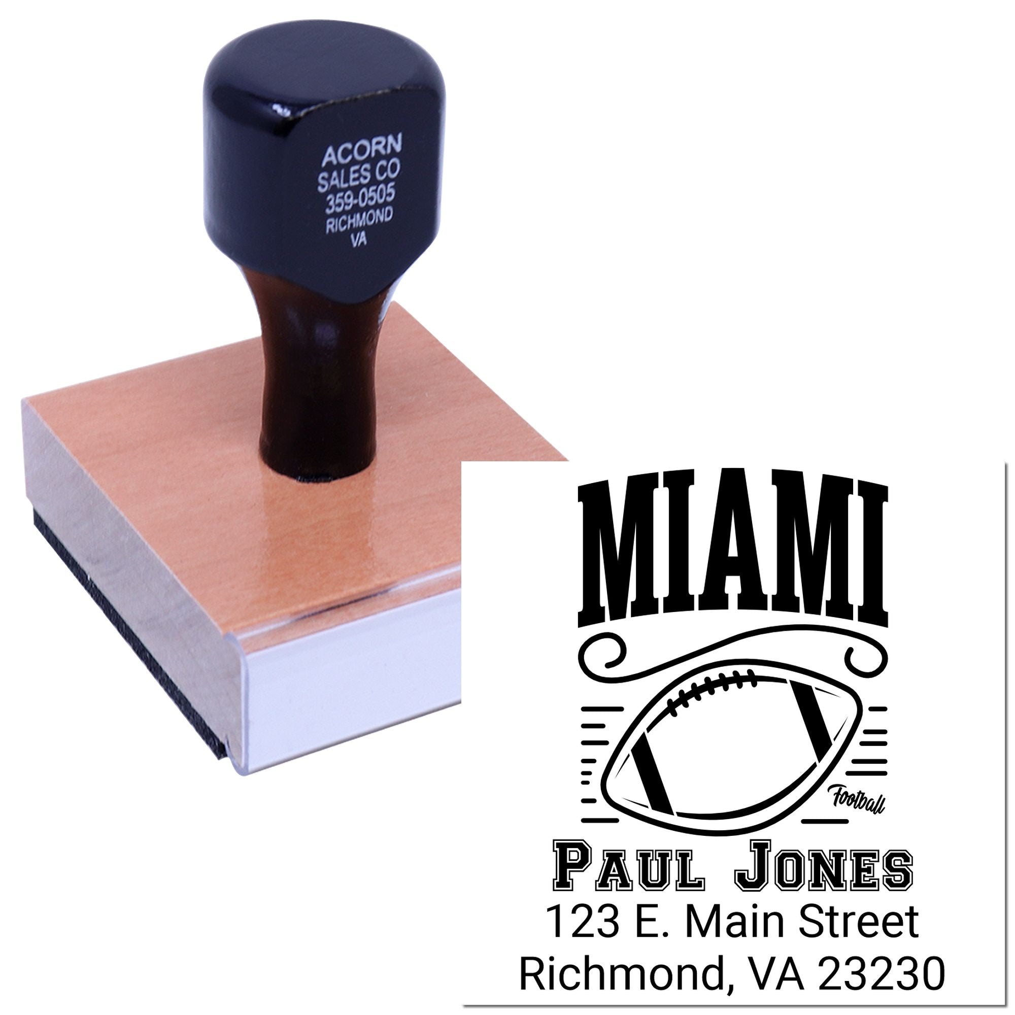Custom football return address rubber stamp featuring Miami design, name, and address for personalized mailings.