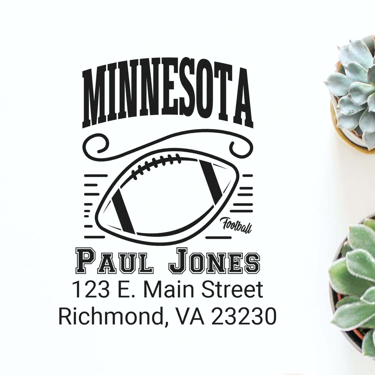 Custom Minnesota football rubber stamp with Paul Jones name and Richmond, VA address for personalized branding.