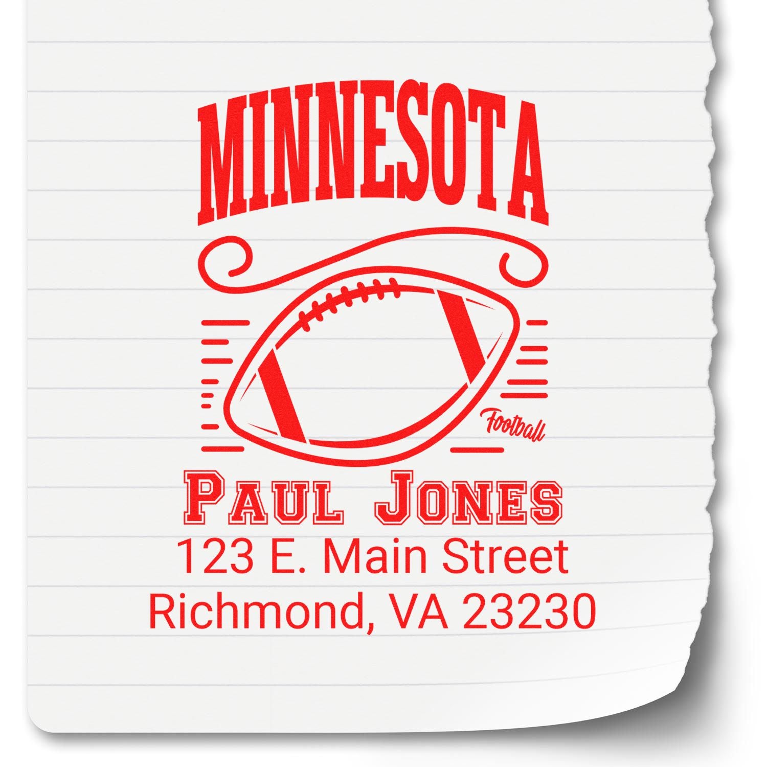 Custom Minnesota football rubber stamp with Paul Jones name, Main Street address, and Richmond, VA 23230 return address