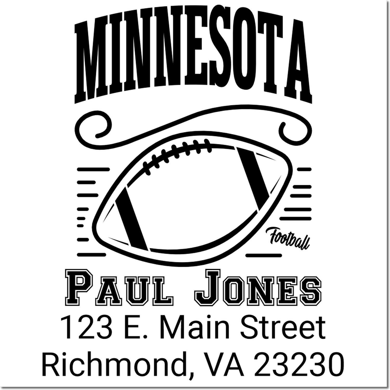 Custom Minnesota football rubber stamp with Paul Jones return address, 123 E. Main Street, Richmond, VA 23230.