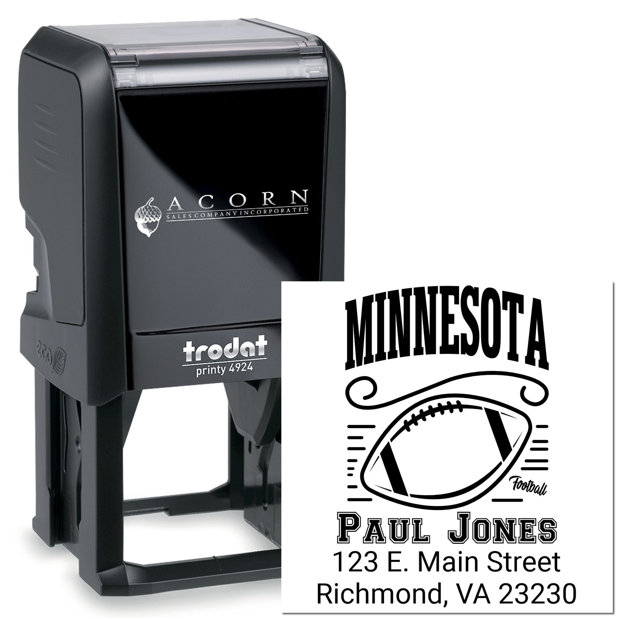 Custom self-inking rubber stamp with Minnesota football design and Paul Jones address, Trodat Printy 4924.