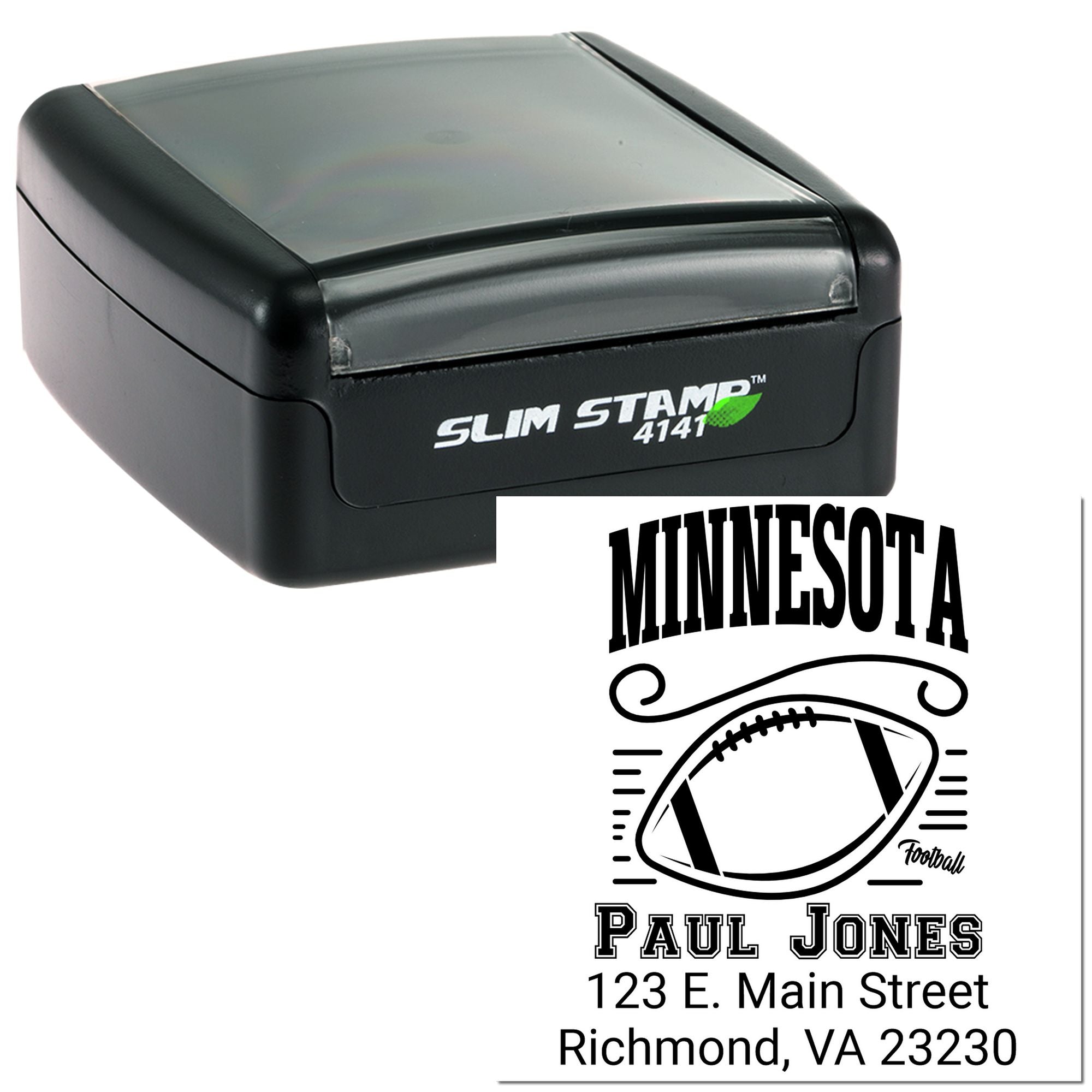 Custom self-inking rubber stamp for Minnesota football, with Paul Jones name and Richmond, VA address.