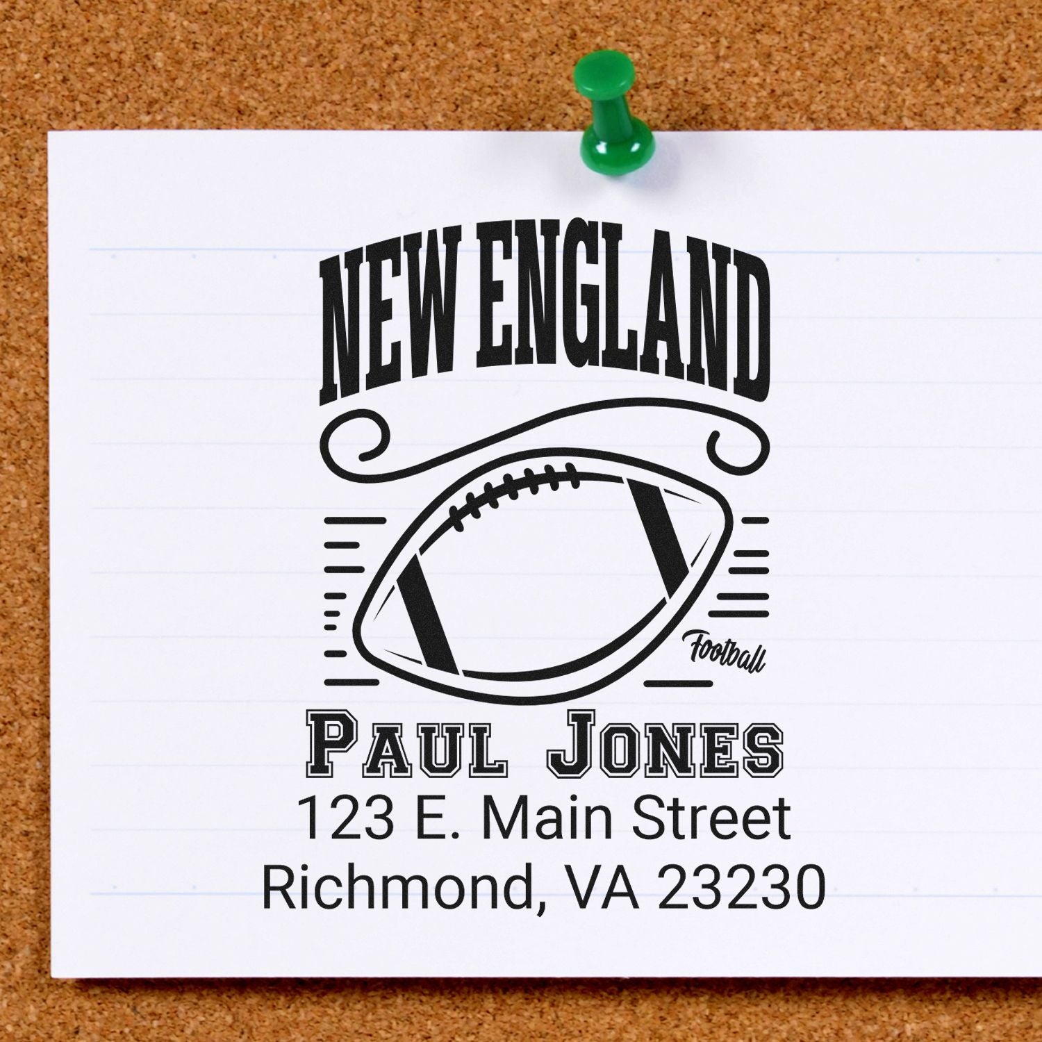 Personalized New England football rubber stamp with Paul Jones name and Richmond, VA return address