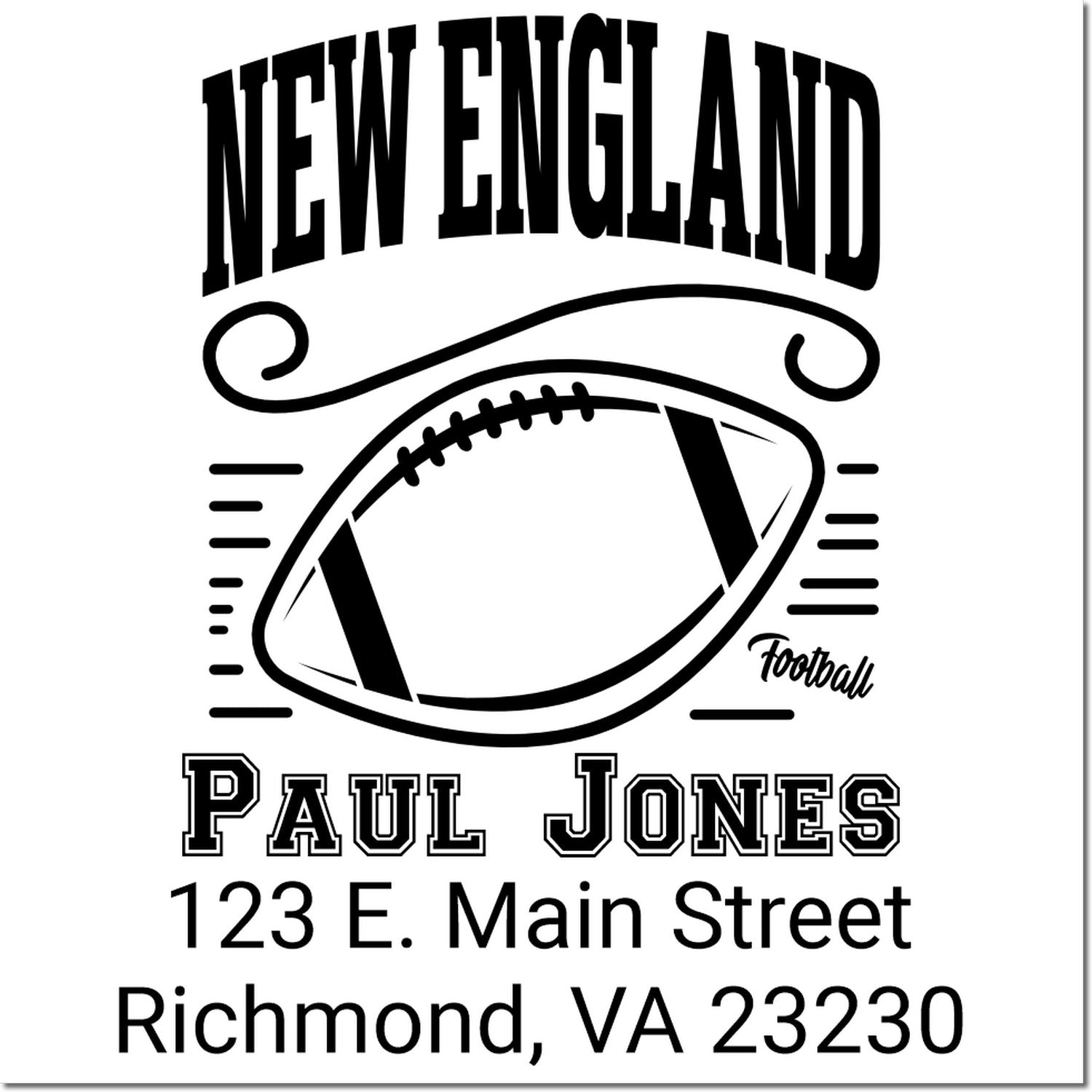 New England football rubber stamp with personalized name and address for custom return address or fan merchandise.