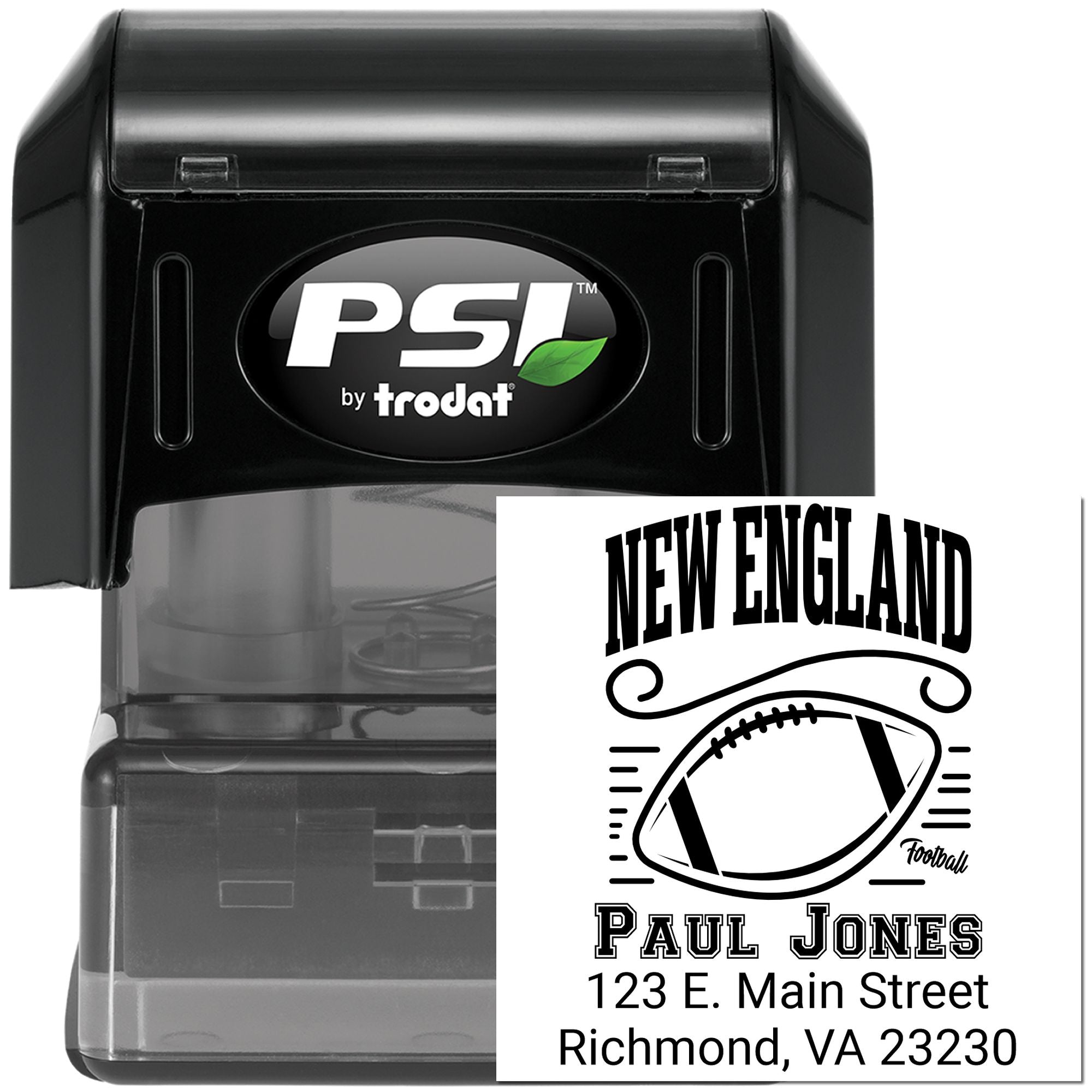 Custom self-inking rubber stamp with New England football design, name, and return address for personalized mailing.