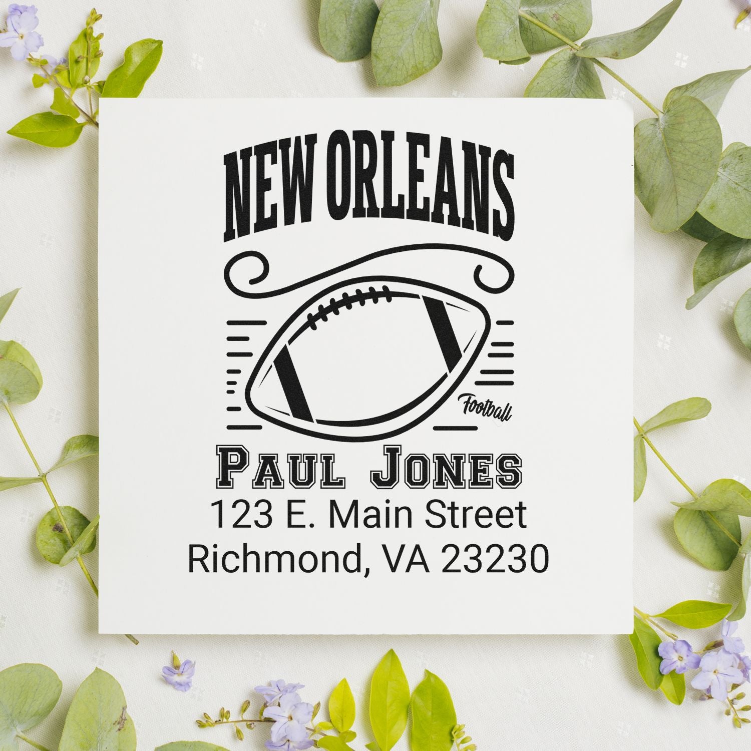 Custom New Orleans football address rubber stamp for Paul Jones, with custom return address in Richmond, VA 23230.