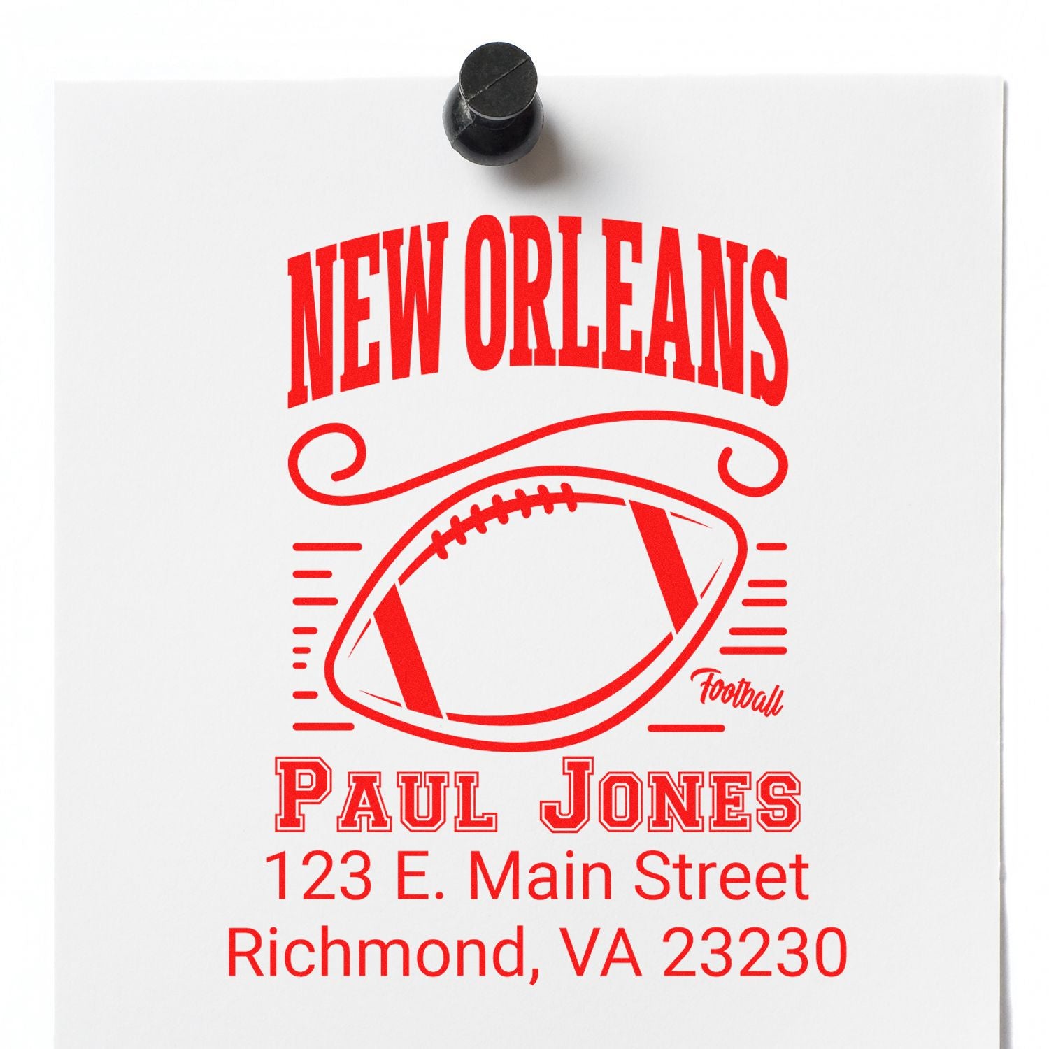 Custom New Orleans football return address rubber stamp for Paul Jones, 123 E. Main Street, Richmond, VA 23230.