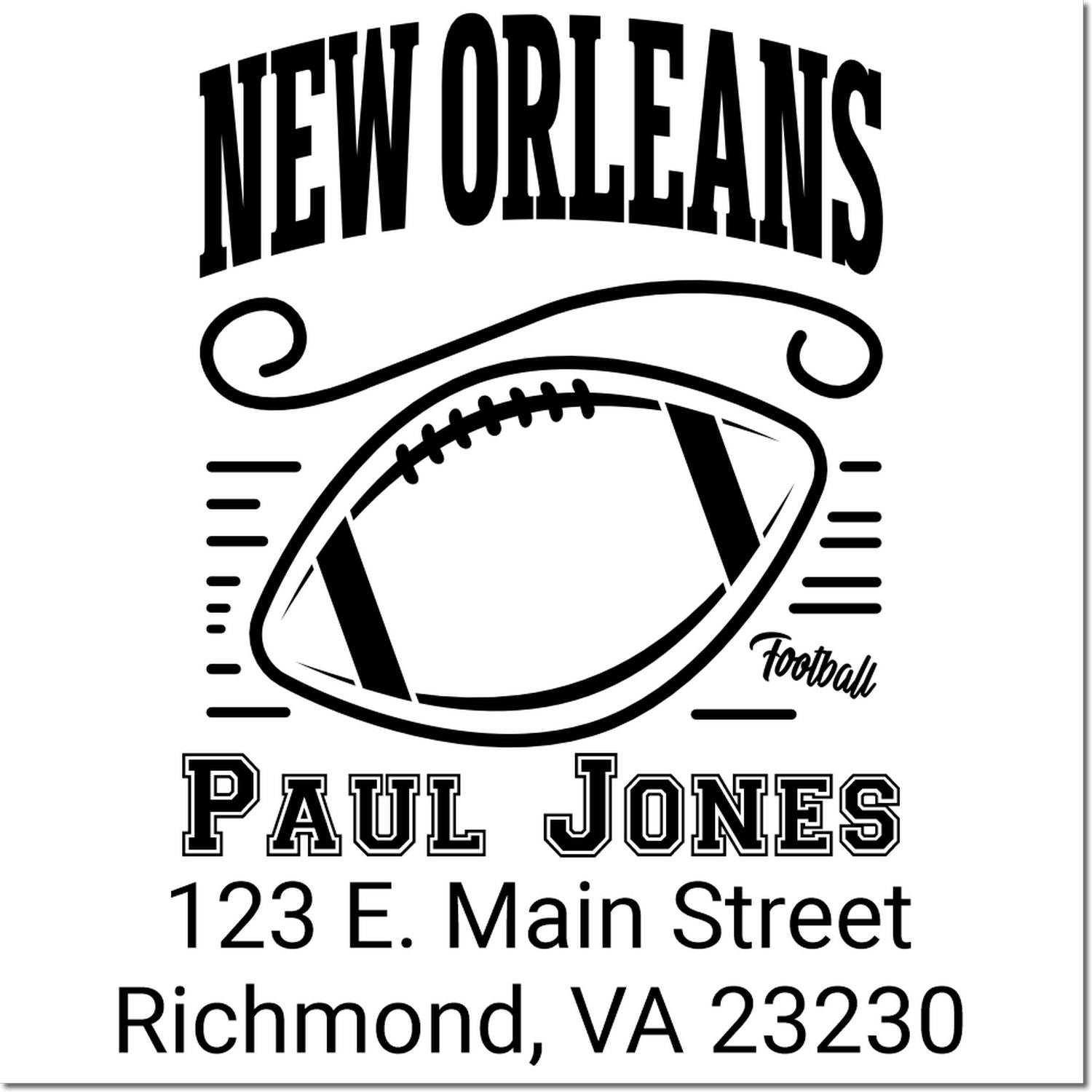 Custom New Orleans football rubber stamp with Paul Jones name and Richmond, VA 23230 address