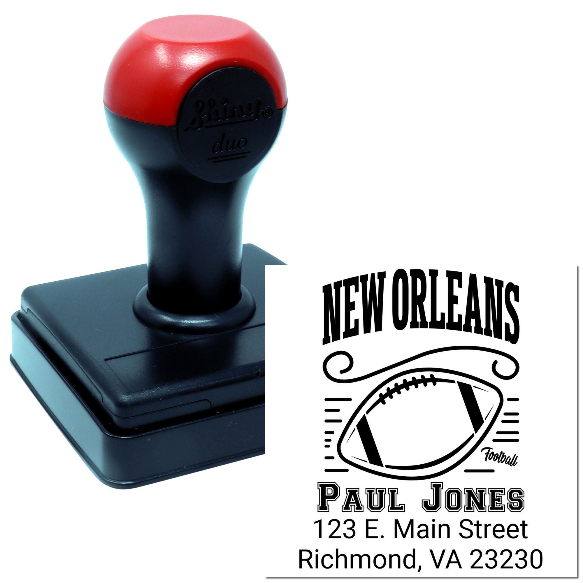 Custom self-inking rubber stamp for New Orleans football return address with name and mailing details