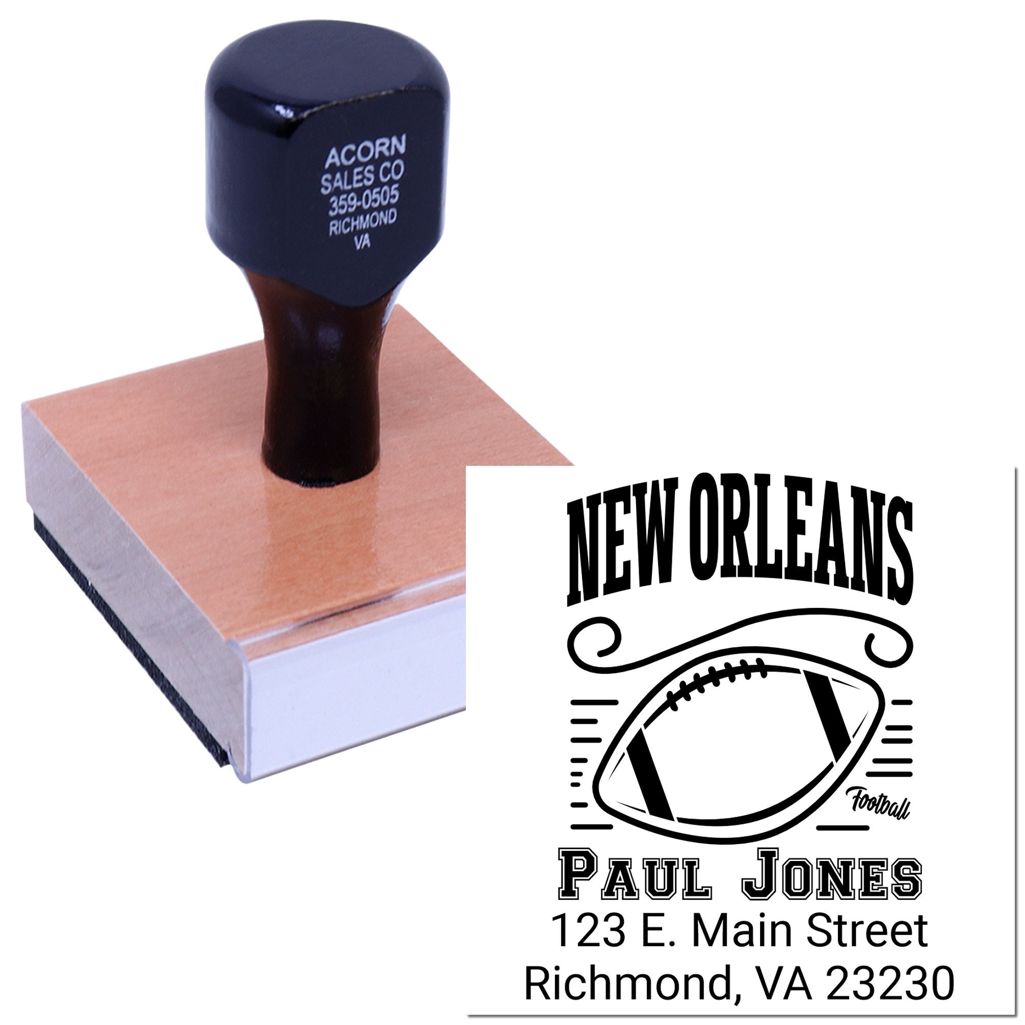 Custom self-inking rubber stamp with New Orleans football logo, name, and address for personalized mailing use