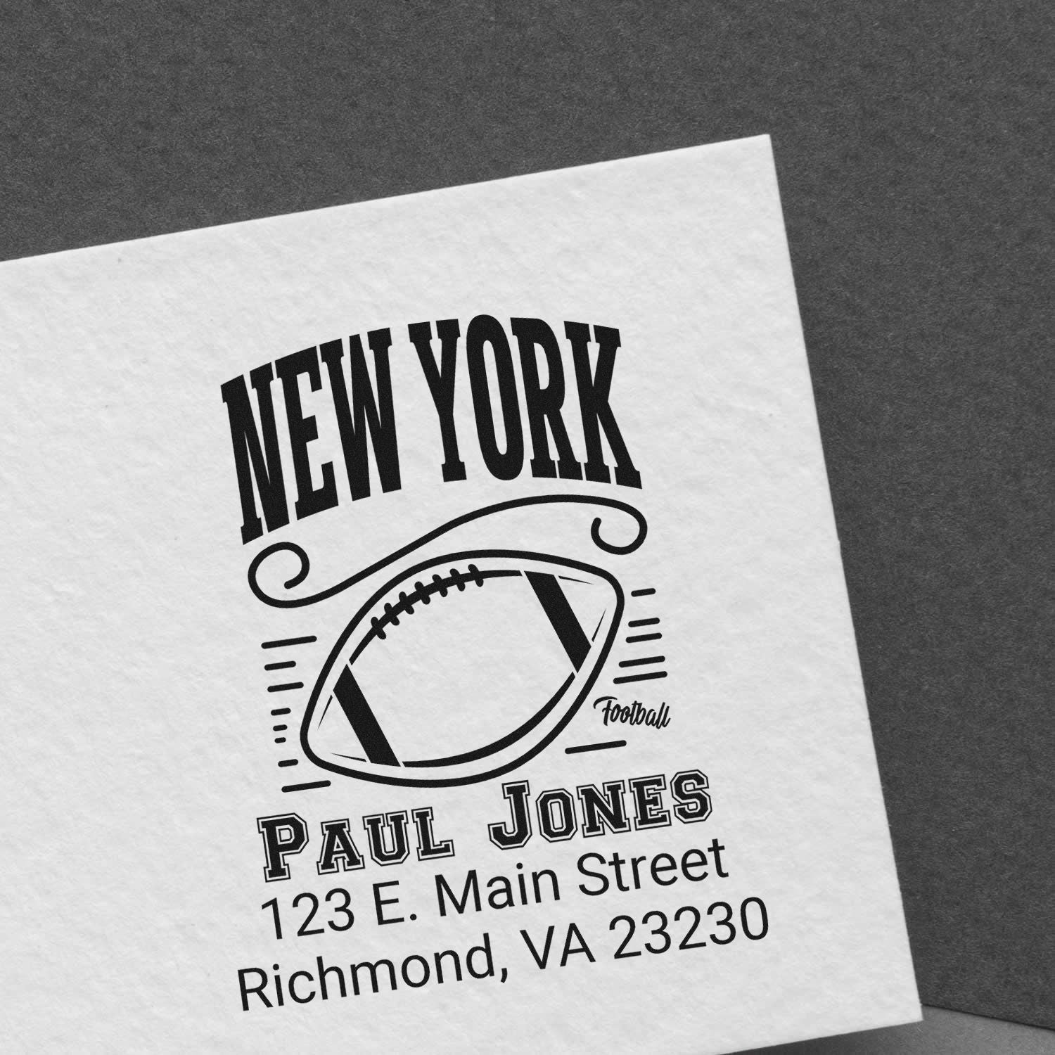 Personalized New York football rubber stamp with Paul Jones name and Richmond, VA address