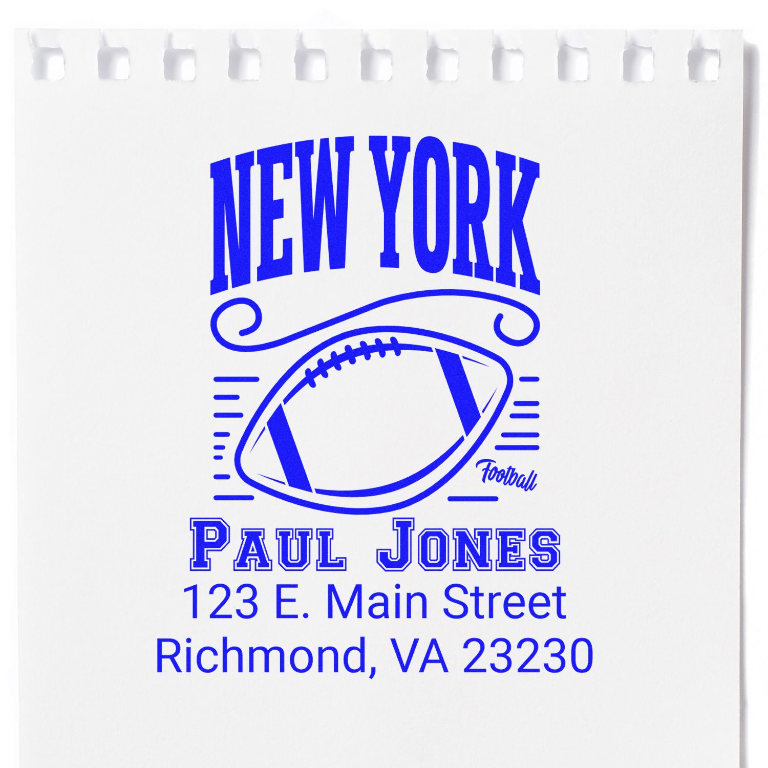 Custom New York football rubber stamp with Paul Jones name and Richmond, VA address