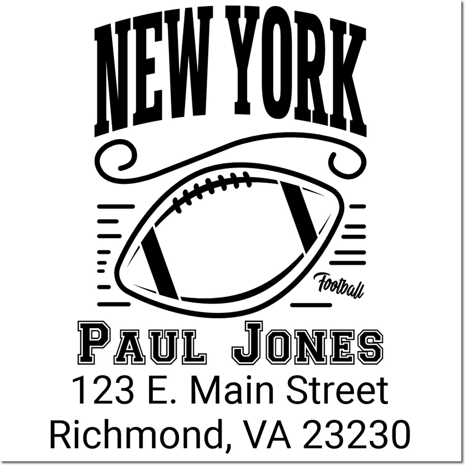Personalized New York football return address rubber stamp for Paul Jones, Richmond, VA 23230.