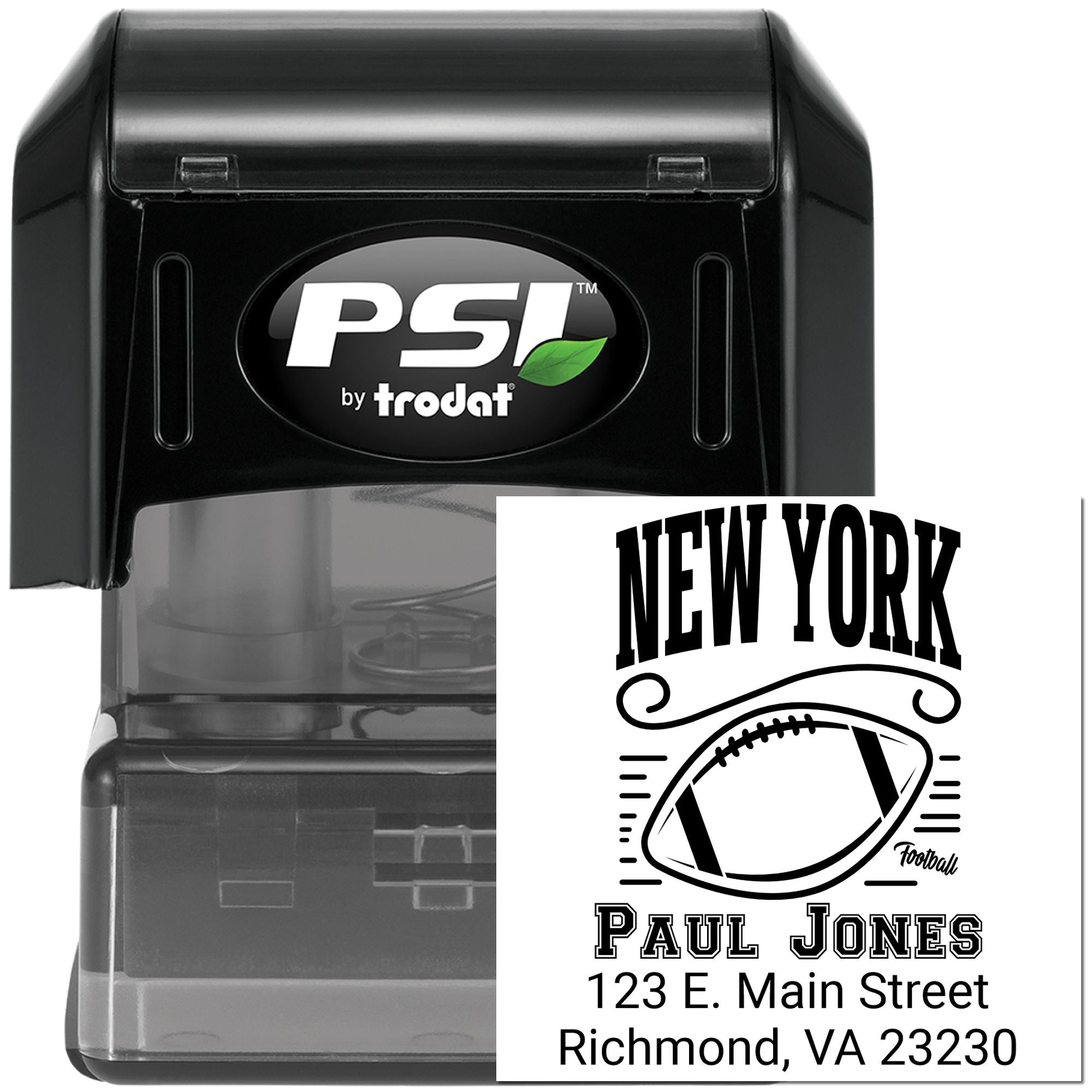 Custom self-inking rubber stamp by PSI Trodat with New York football return address design for names and addresses.