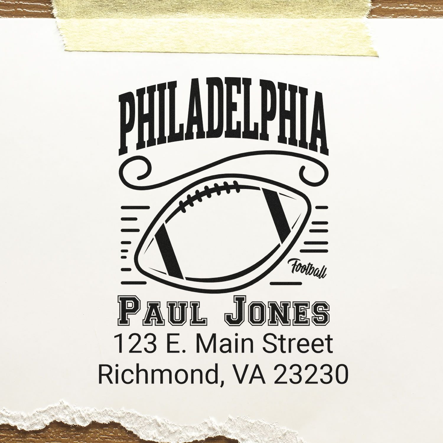 Custom Philadelphia football address rubber stamp for Paul Jones, 123 E. Main Street, Richmond, VA 23230.
