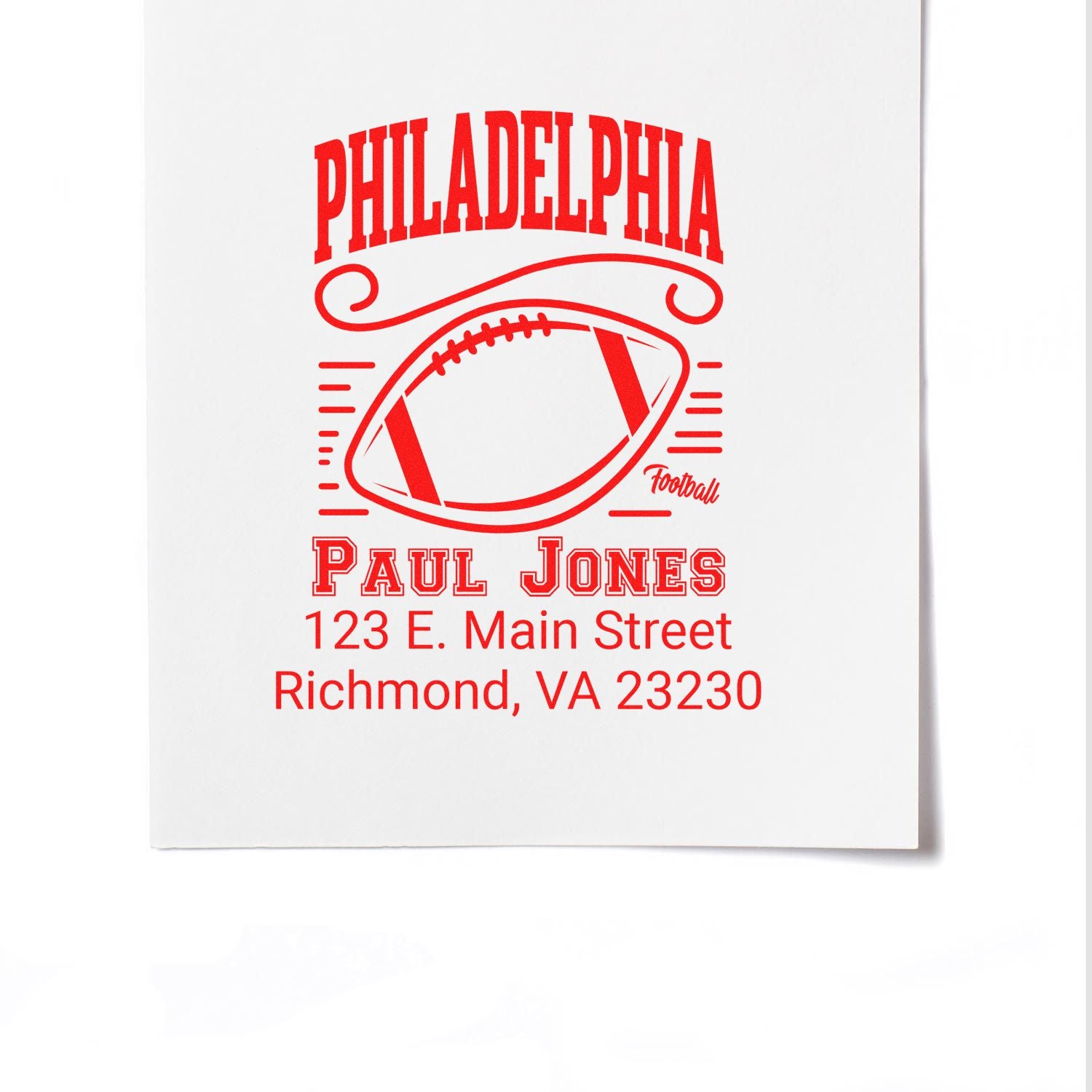 Personalized Philadelphia football return address rubber stamp with Paul Jones name and Richmond, VA address.