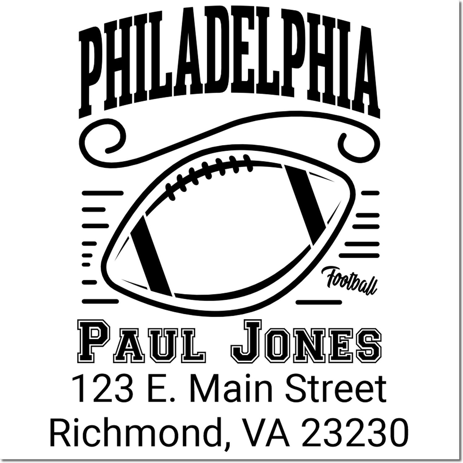 Personalized Philadelphia football return address rubber stamp for Paul Jones, Richmond VA 23230.