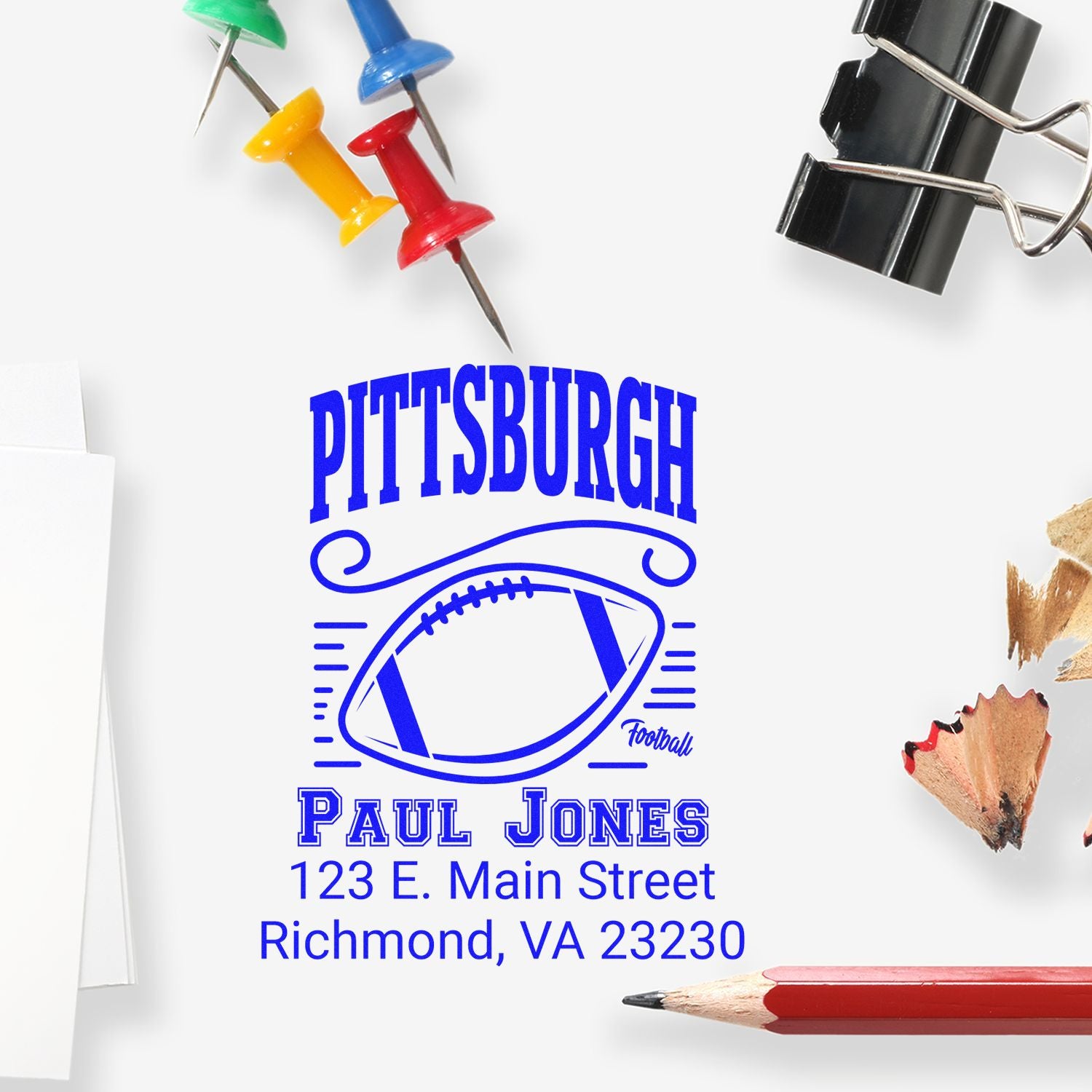 Custom rubber stamp imprint with Pittsburgh football design, Paul Jones name, and Richmond, VA address for personalized use.