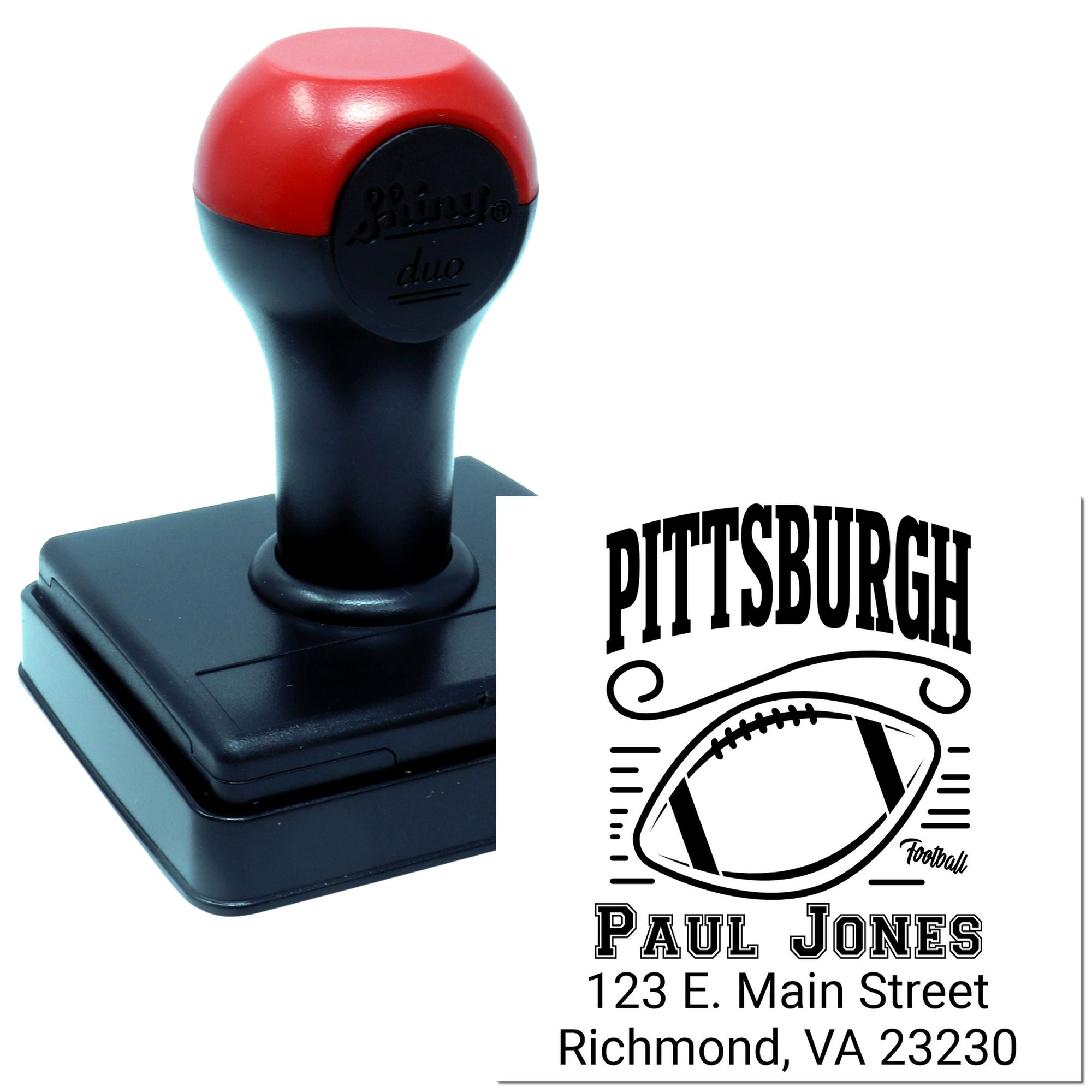 Personalized self-inking rubber stamp for Pittsburgh football fans with name and return address.
