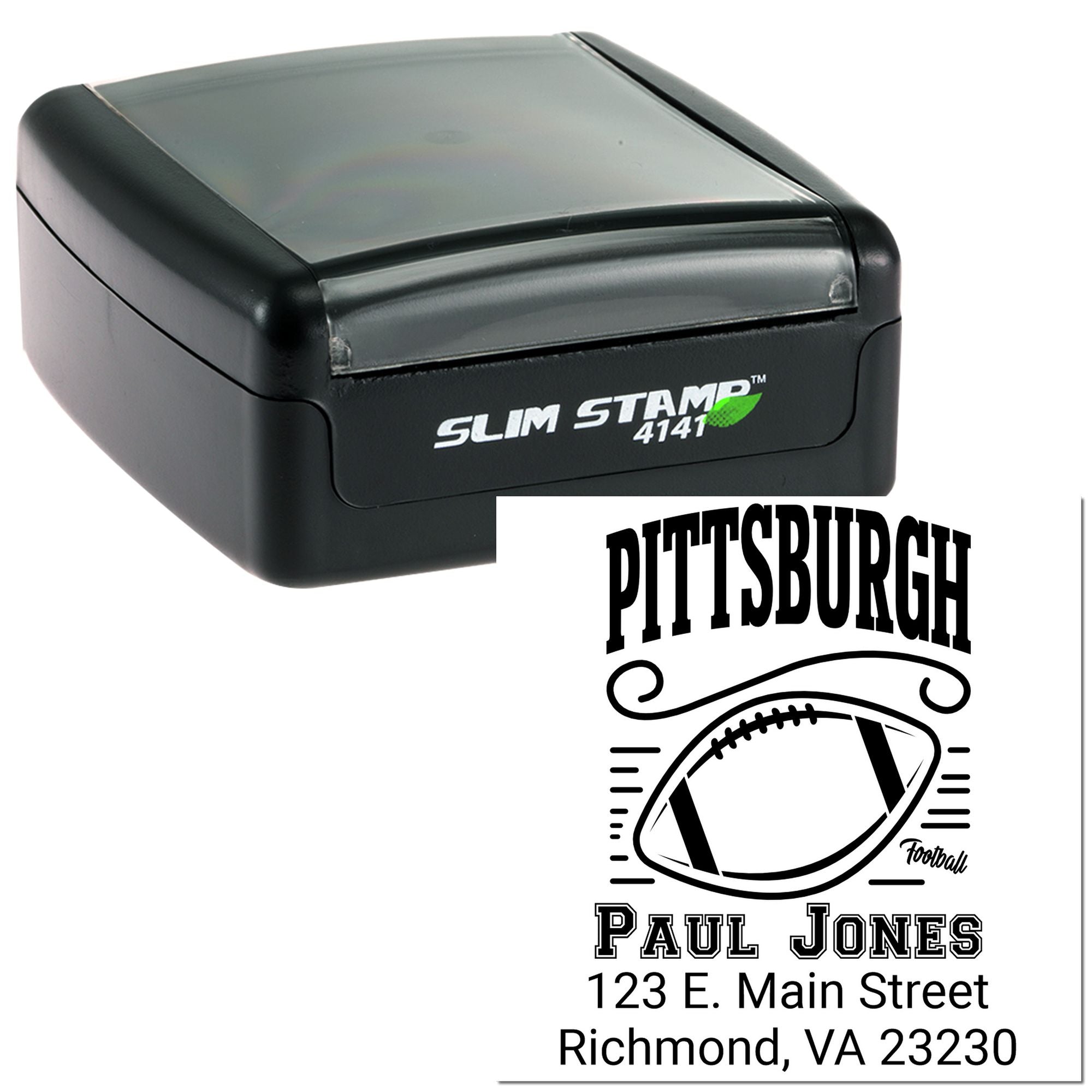 Custom self-inking rubber stamp with Pittsburgh football logo, name, and address for personalized mail and branding.