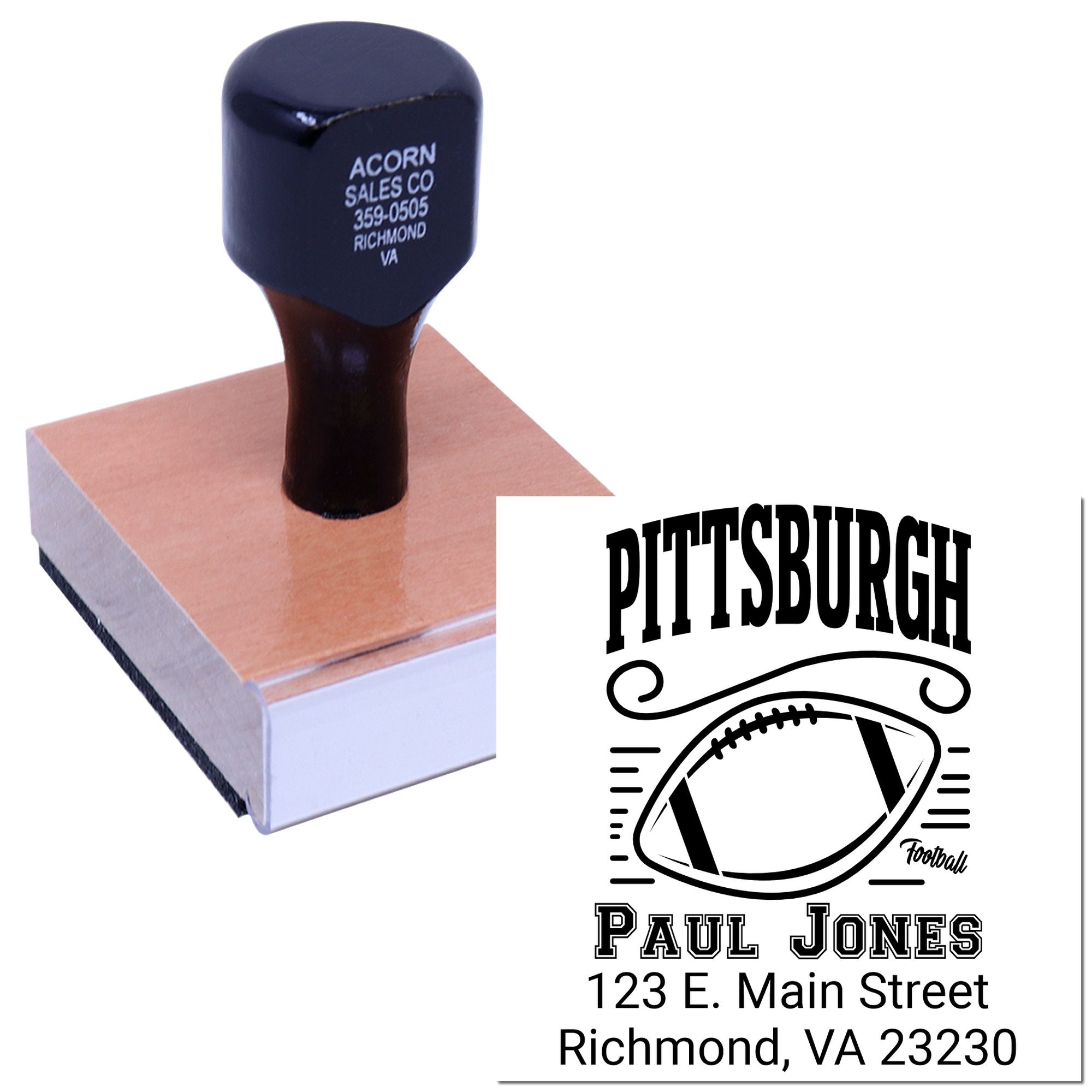 Custom football return address rubber stamp with Pittsburgh logo and Richmond, VA address