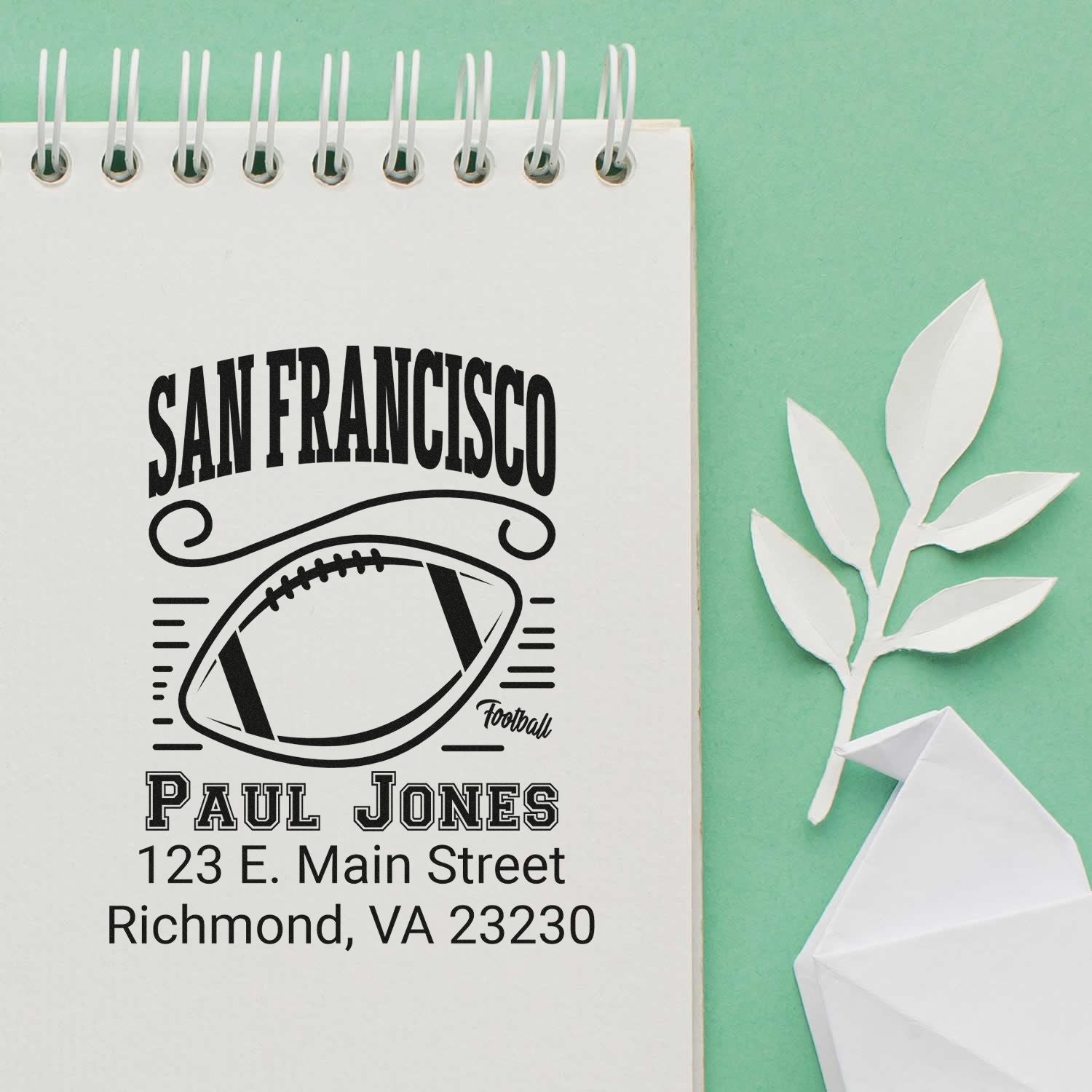 Custom San Francisco football rubber stamp design with name Paul Jones and Richmond, VA address for personalized return stamping