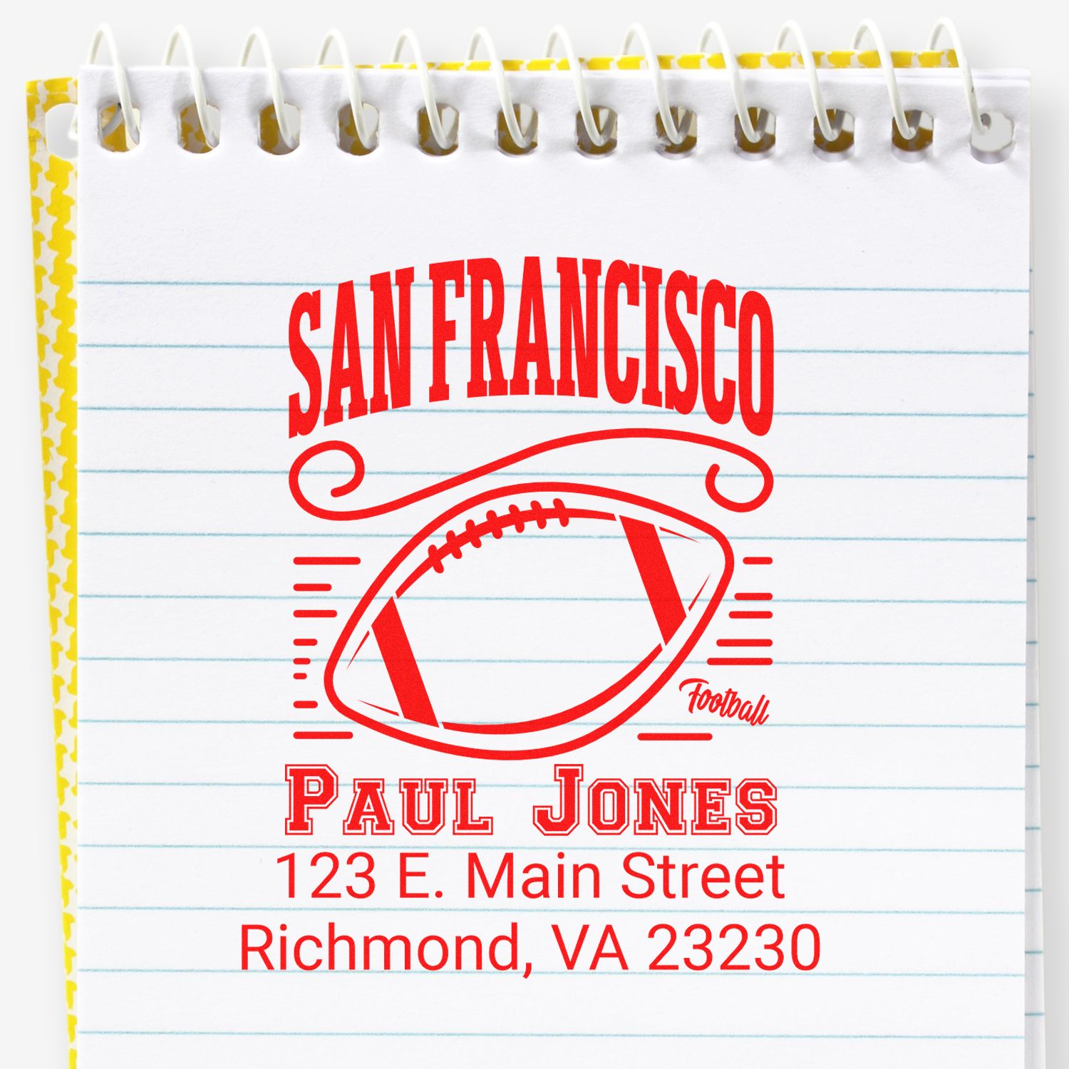 Custom rubber stamp design for San Francisco football fan, featuring Paul Jones and Richmond, VA address.