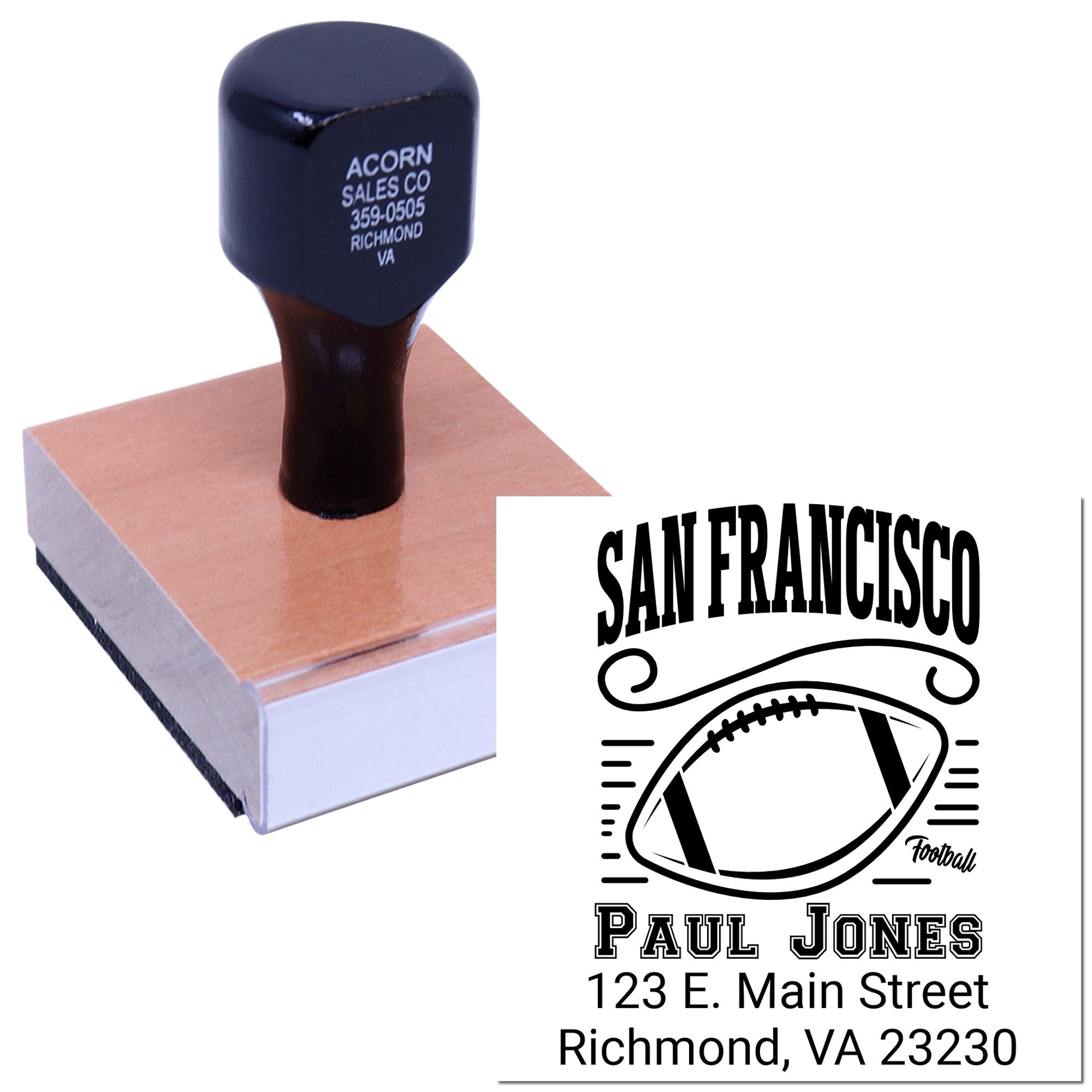 Custom rubber stamp with football logo, name, and address imprint for personalized business or team branding.