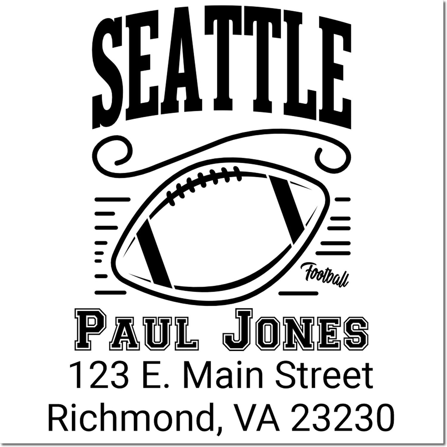 Custom Seattle football rubber stamp with Paul Jones address for mailing, business branding, or fan stationery.