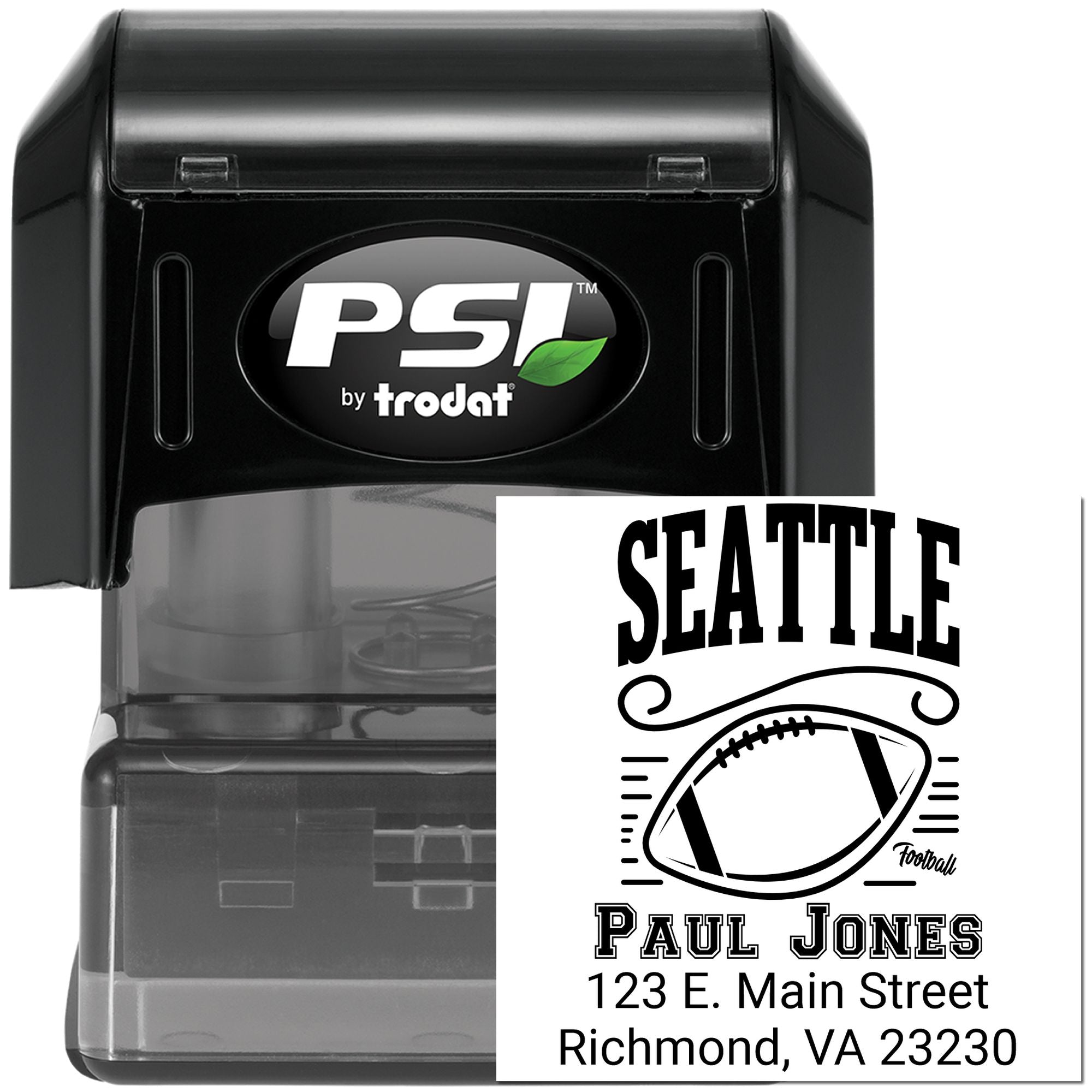 Custom self-inking rubber stamp for Seattle football, featuring a personalized name and address imprint, PSI by Trodat.