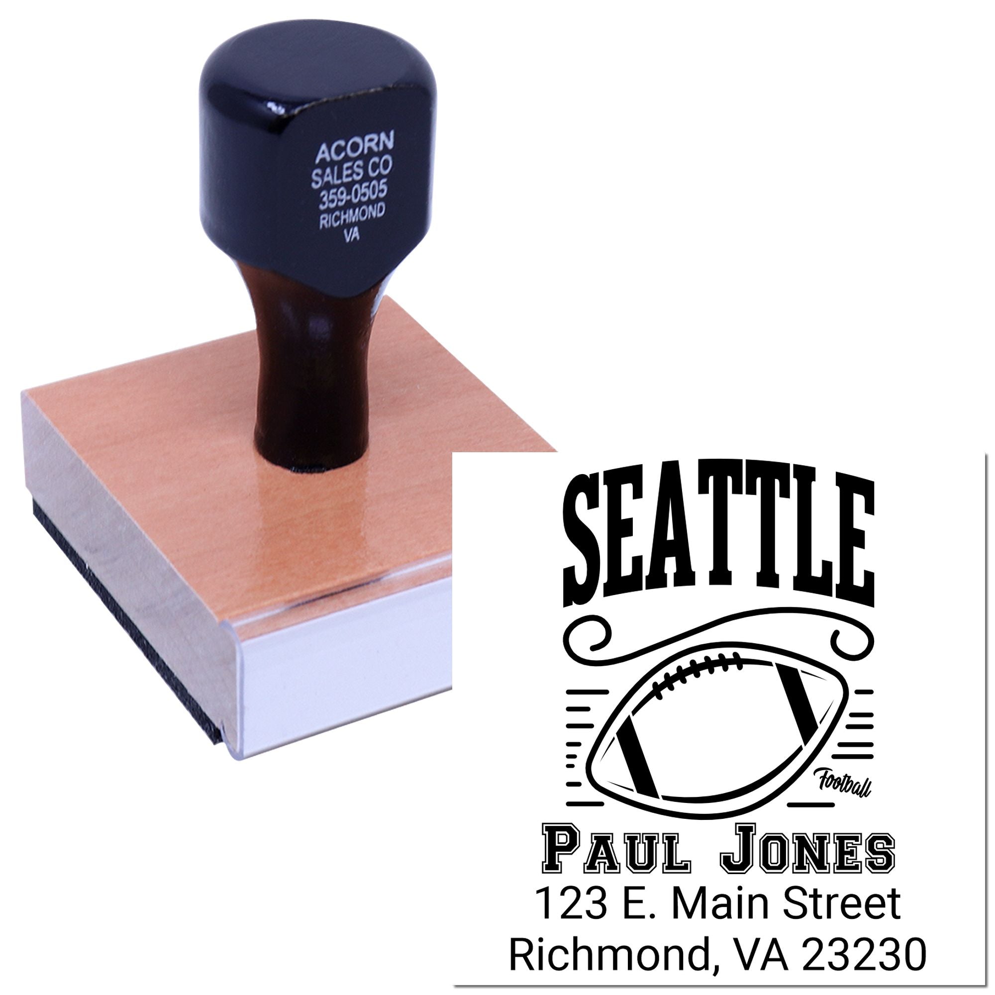 Custom rubber address stamp with Seattle football design, Paul Jones name, and Richmond, VA address for mailing.