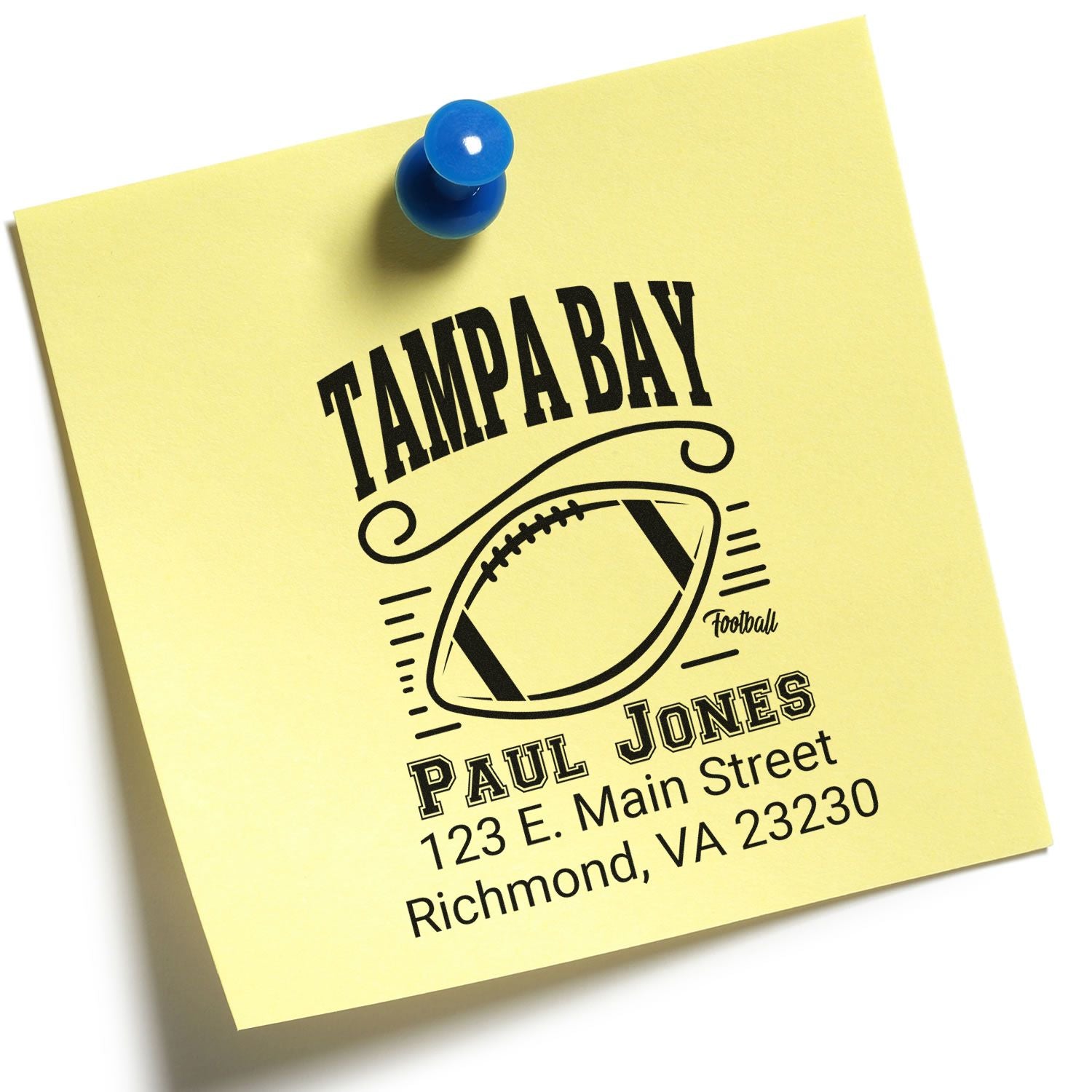 Custom Tampa Bay football address rubber stamp on a pinned yellow note, featuring Paul Jones name and Richmond, VA address.