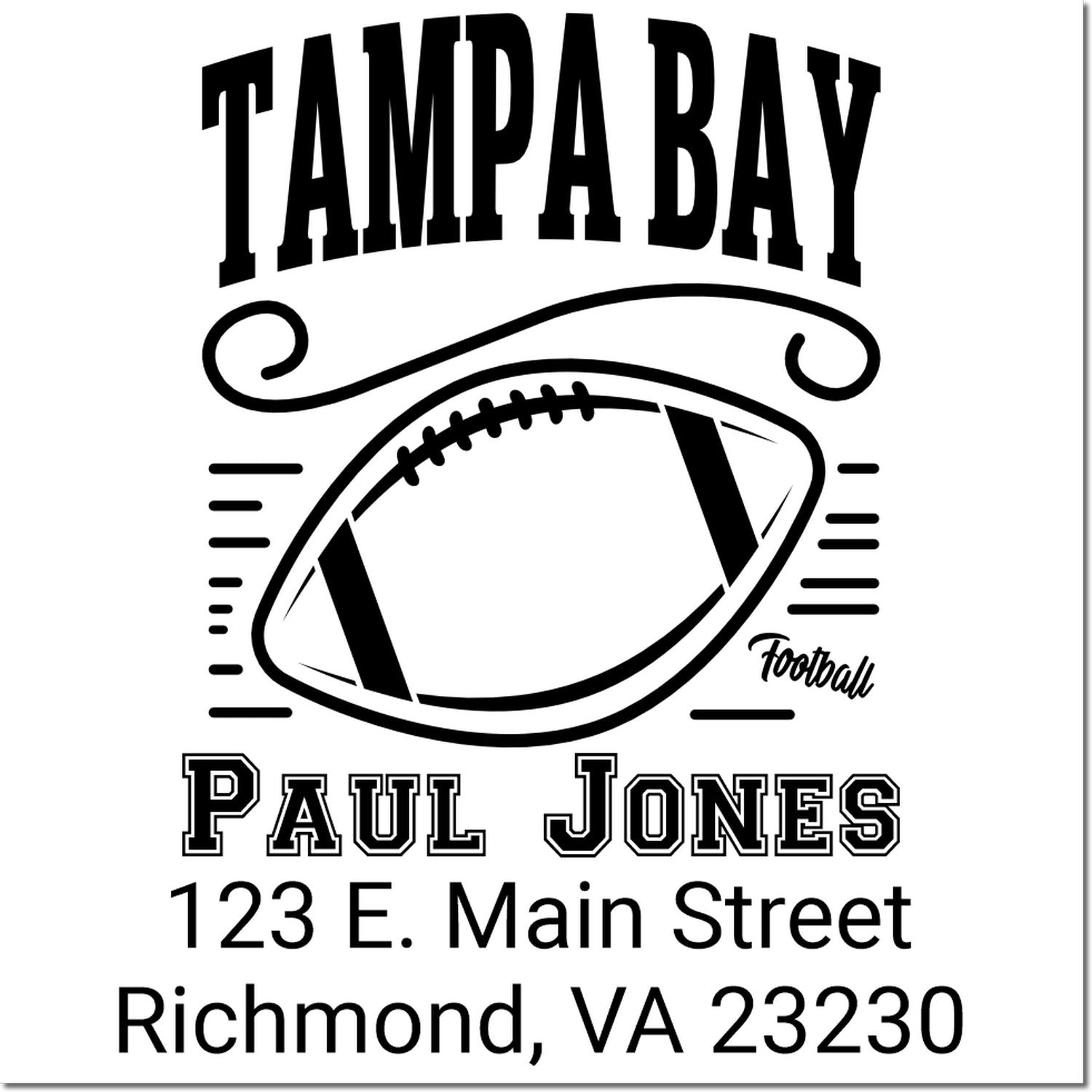 Custom Tampa Bay football rubber stamp with Paul Jones name and Richmond, VA address for personalized mailing.