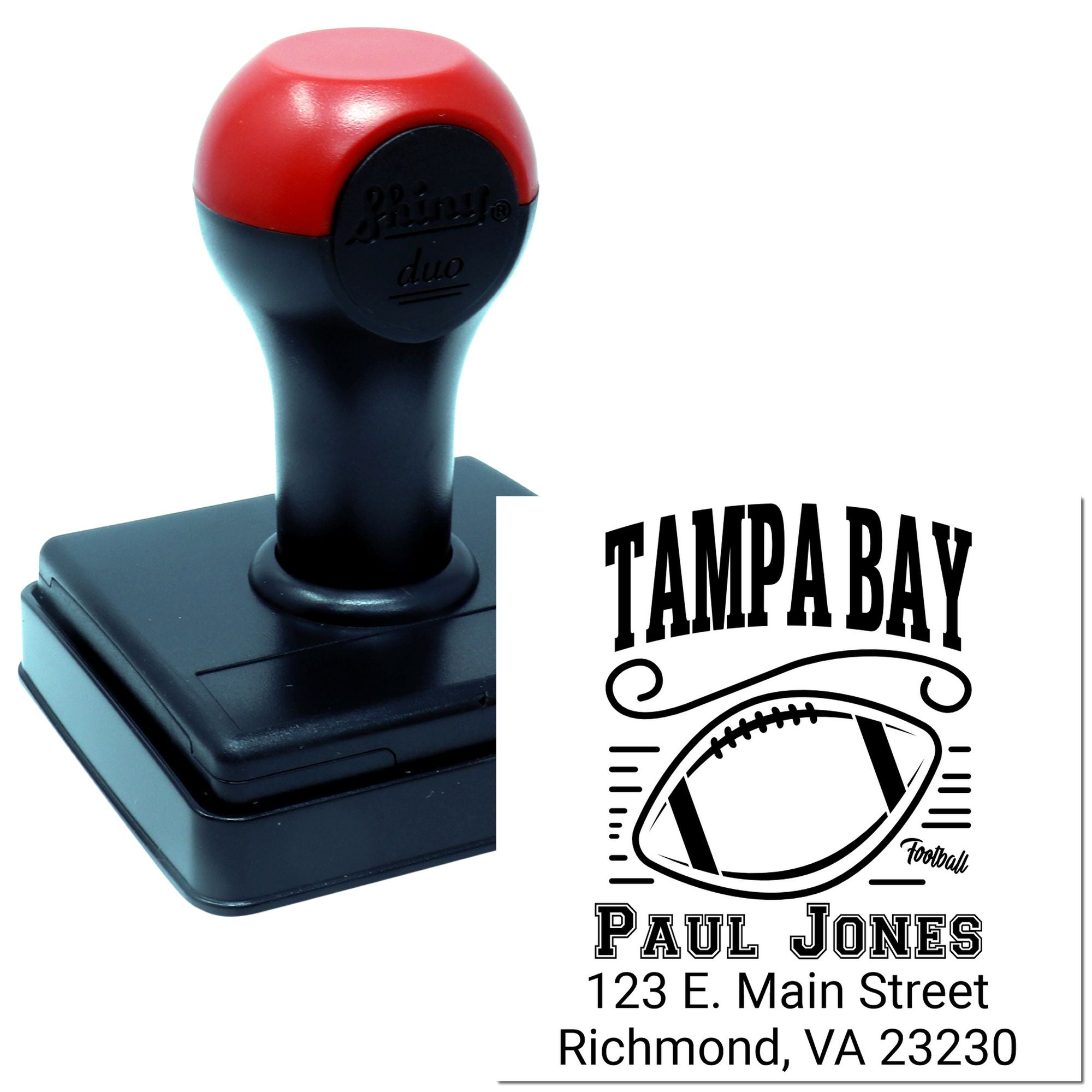Custom Tampa Bay football address rubber stamp with self-inking design for personalized mail, sports fan gifts, and branding.