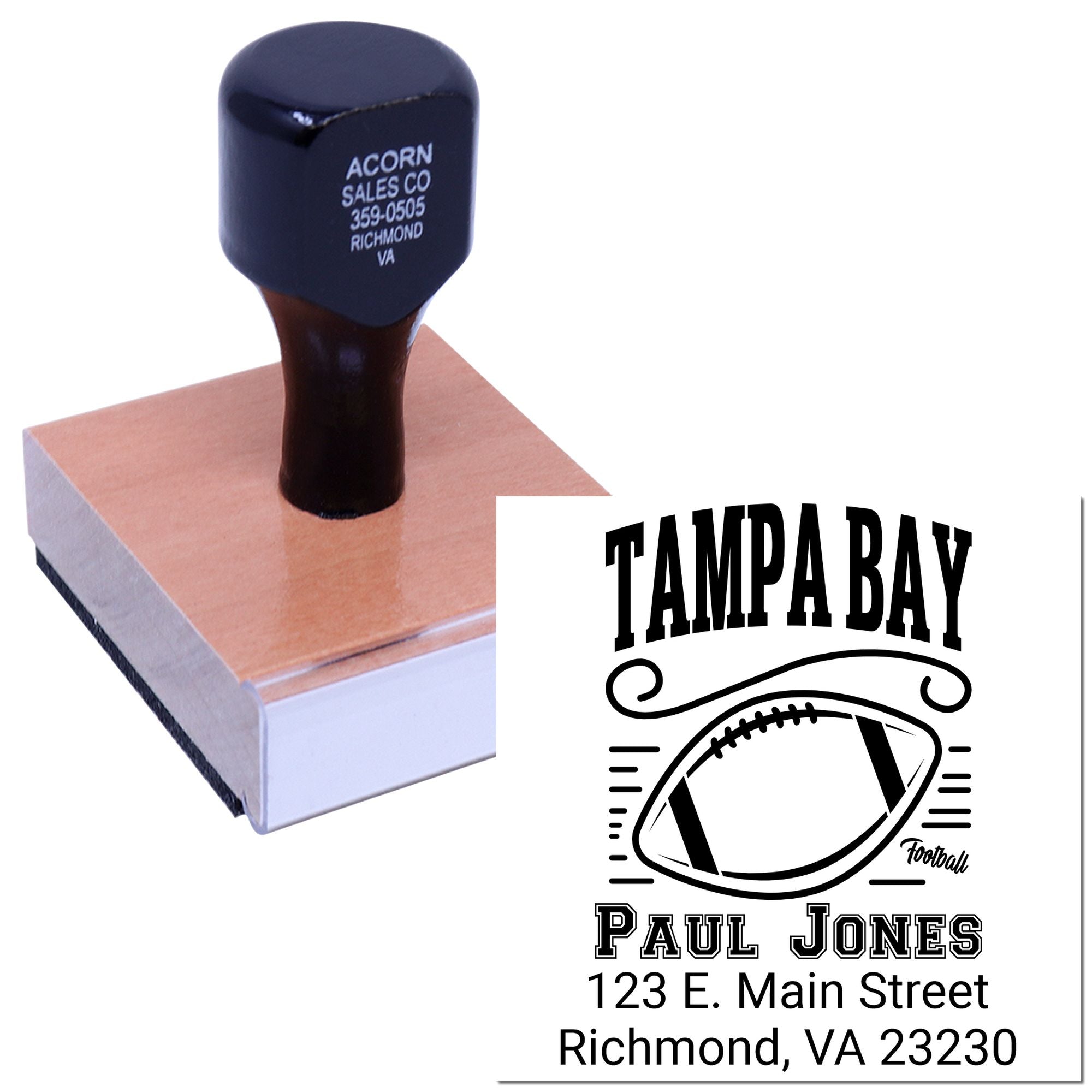 Custom Tampa Bay football rubber stamp with personalized name and address imprint, shown on a mounted stamp block.