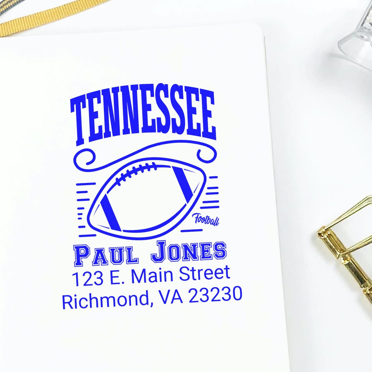 Personalized Tennessee football return address rubber stamp with Paul Jones, Richmond VA address and custom sports design