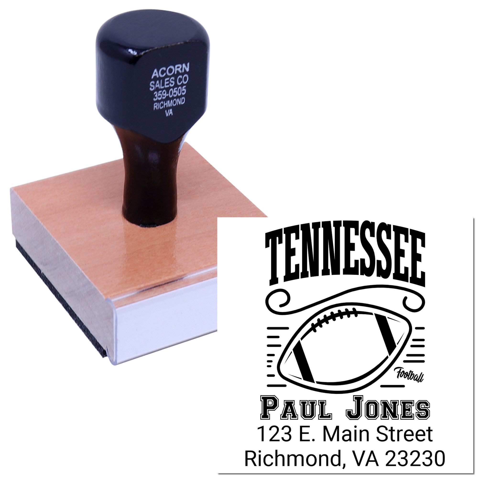 Custom Tennessee football address rubber stamp with personalized name and Richmond, VA mailing details for sports-themed branding.