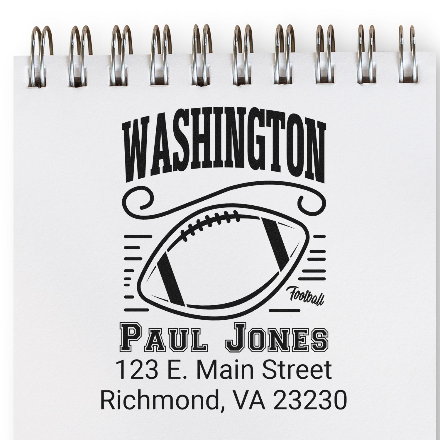 Custom football rubber stamp for Paul Jones, with Washington team art and Richmond, VA address for personalized branding.