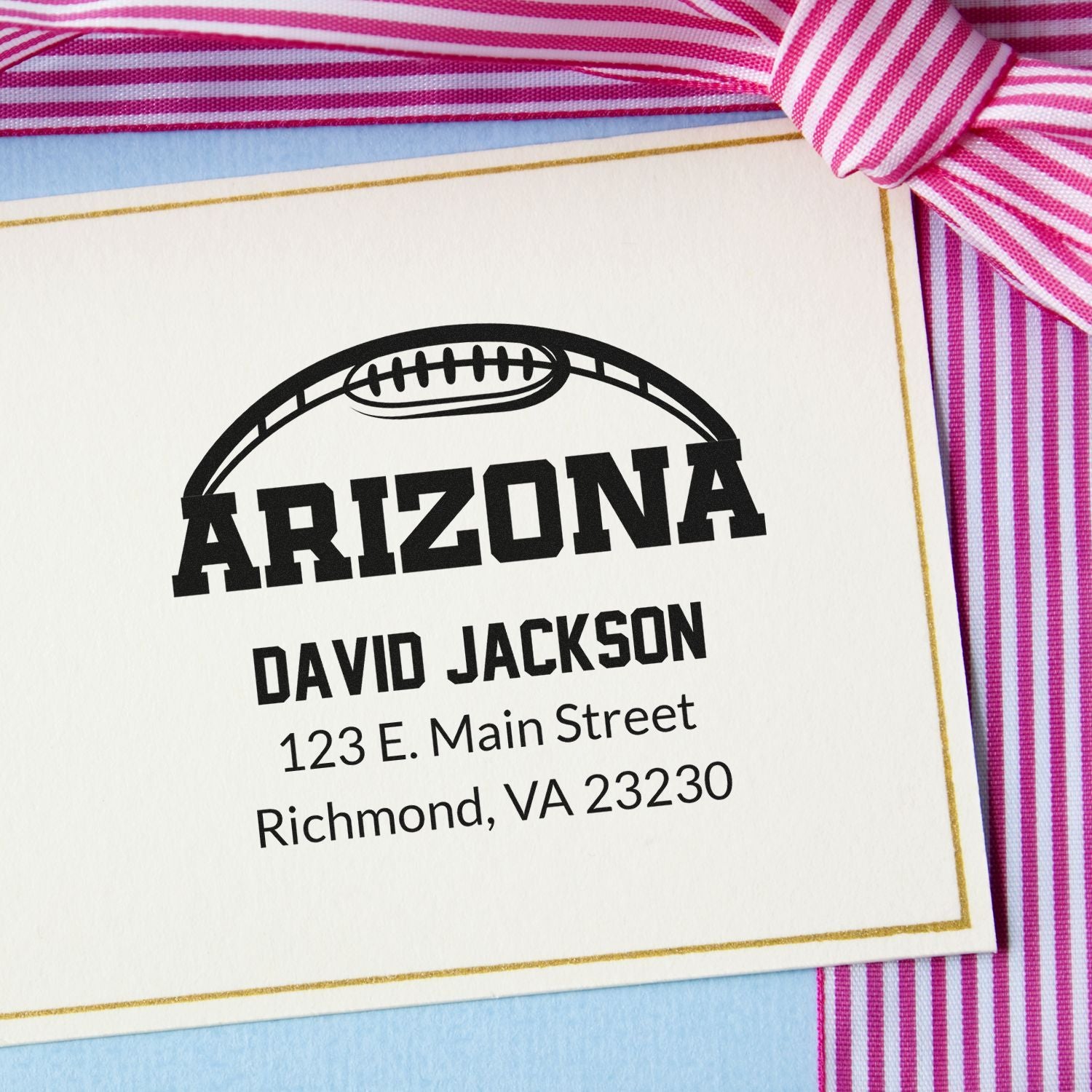 Custom Arizona football rubber stamp with name and address for personalized return envelopes and stationery.
