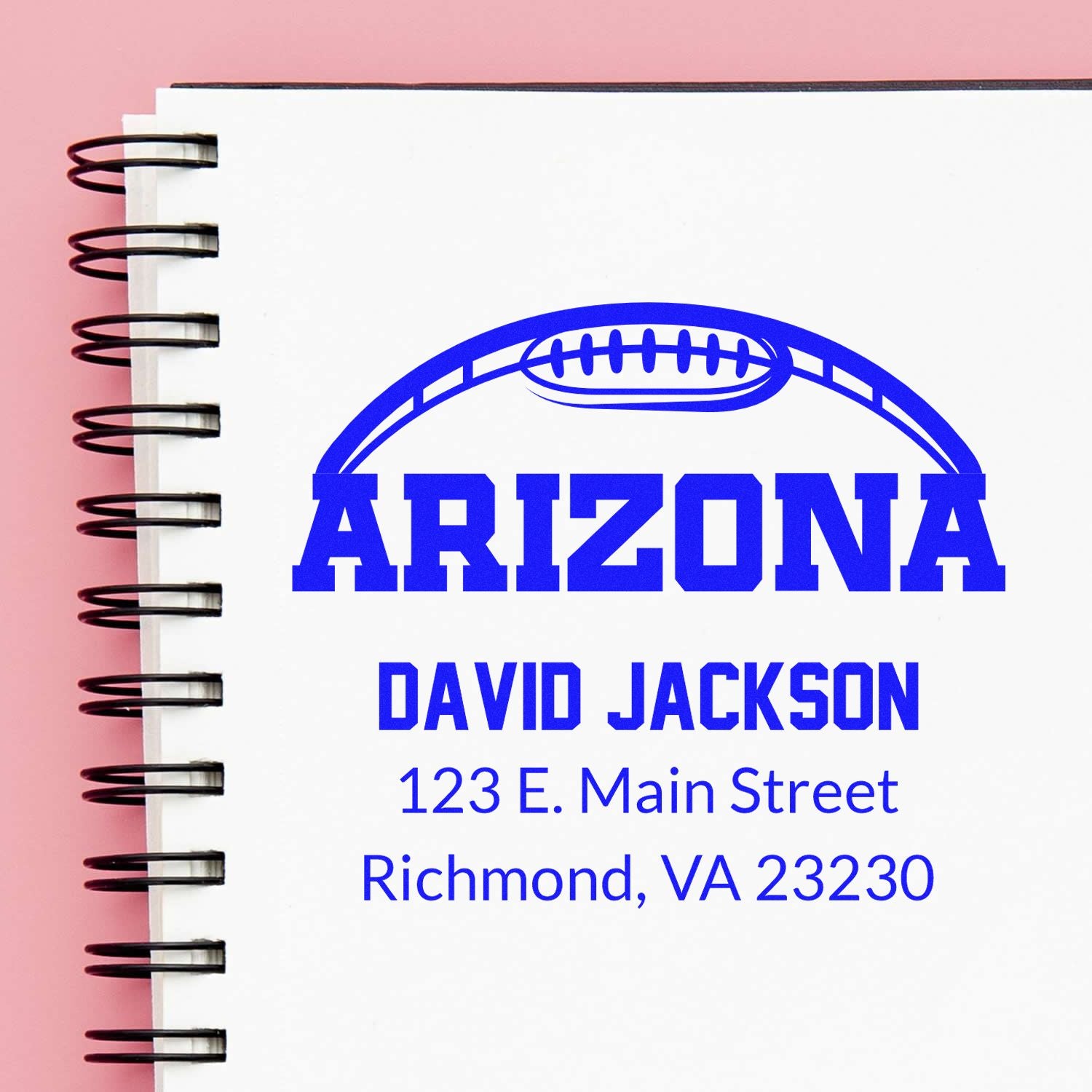 Custom Arizona return address rubber stamp with football logo, name, and mailing address for personalized mail.