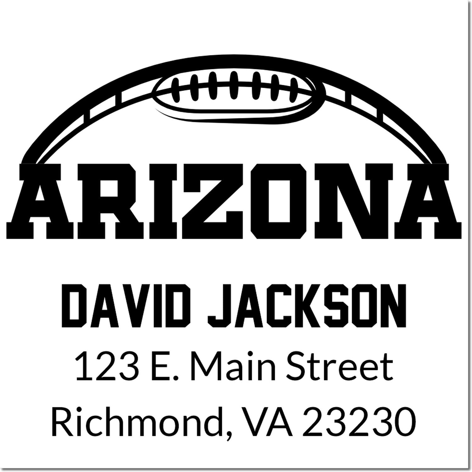 Custom Arizona football rubber stamp with David Jackson return address, 123 E. Main Street, Richmond, VA 23230.