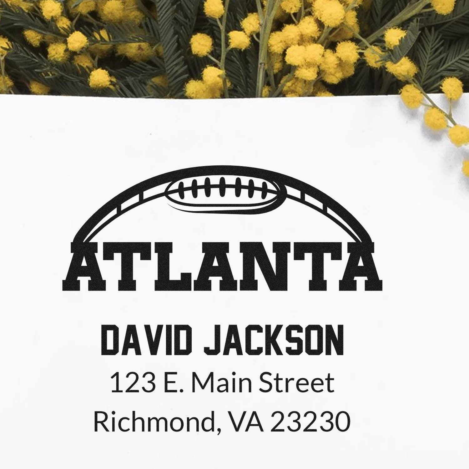 Custom Atlanta football address rubber stamp with David Jackson return address, 123 E. Main Street, Richmond, VA 23230.