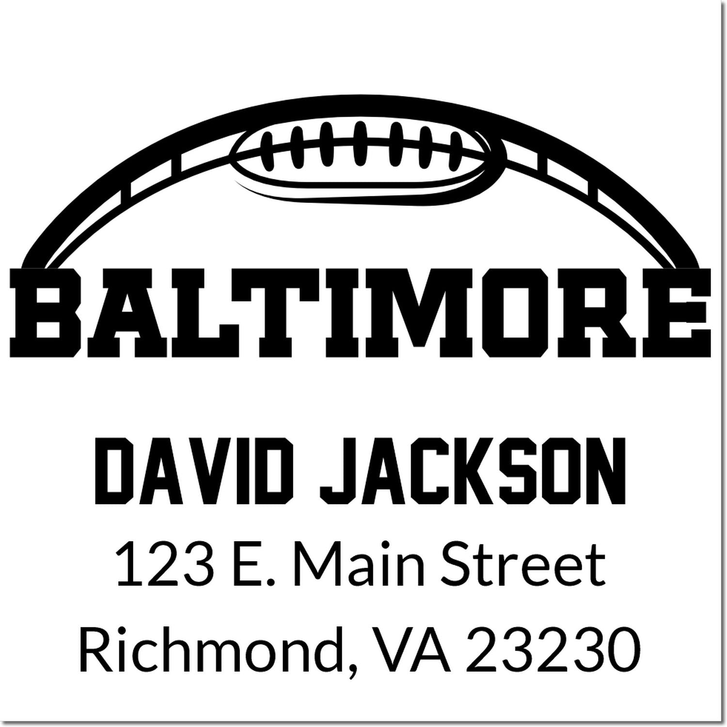Baltimore football return address rubber stamp with personalized name, street address, and football graphic.