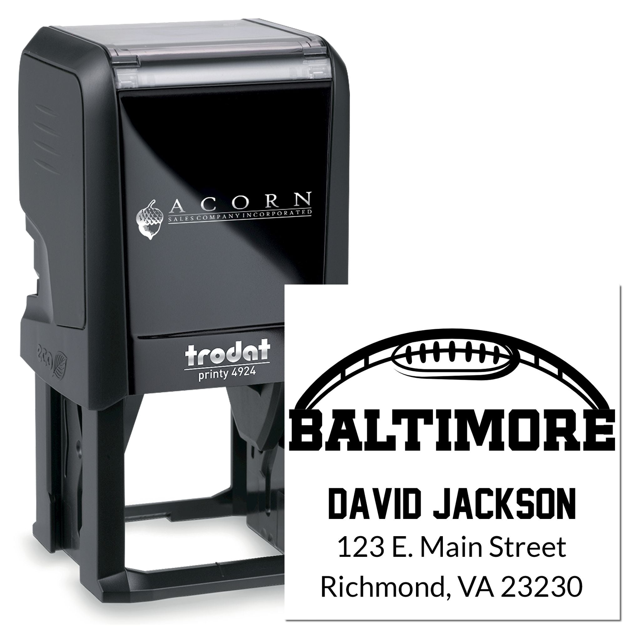 Custom Trodat self-inking rubber address stamp with Baltimore football logo, David Jackson name, and Richmond, VA address.