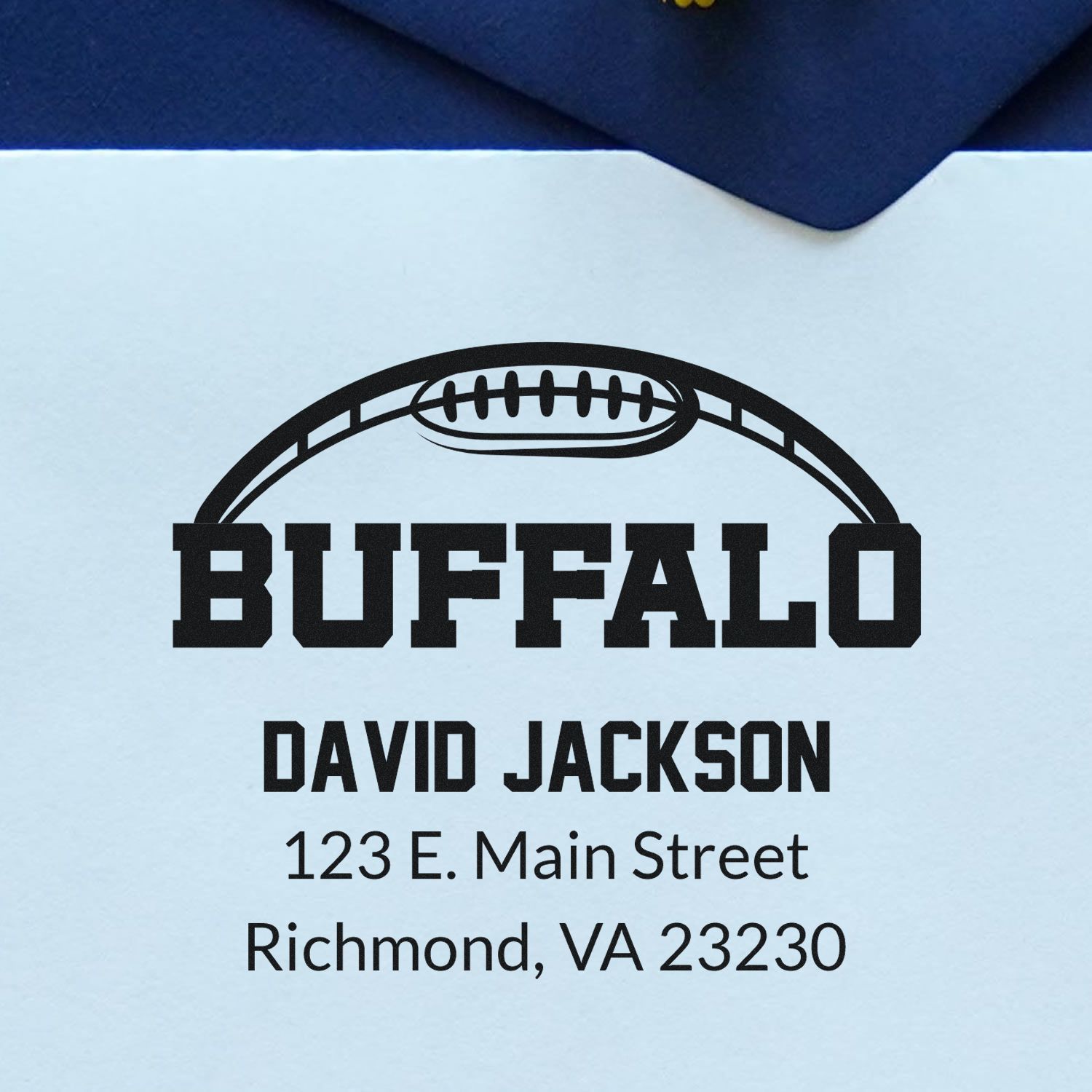 Custom Buffalo football return address rubber stamp with name David Jackson and Richmond, VA address for mail and fan stationery.