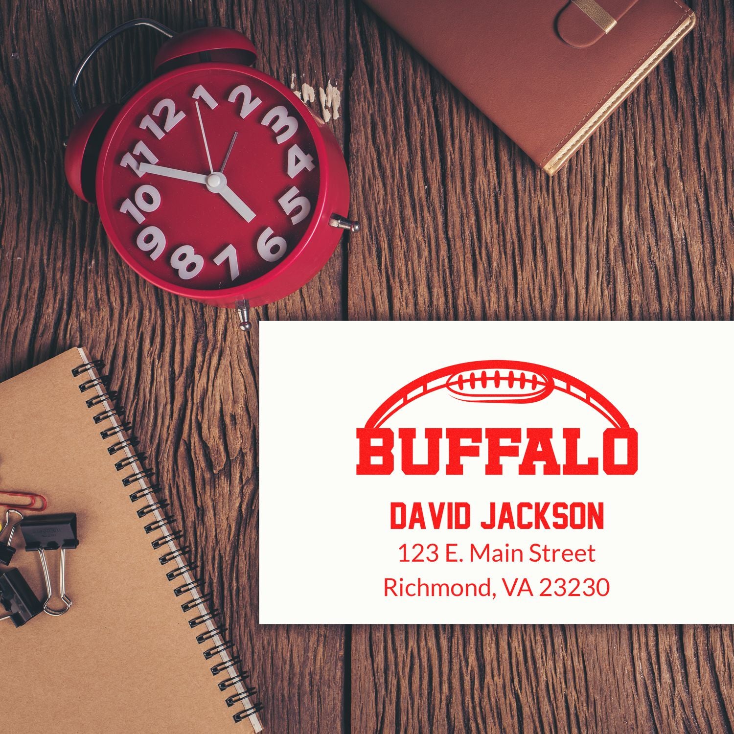 Personalized Buffalo rubber stamp with football logo, David Jackson, and Richmond, VA 23230 address for mailings.