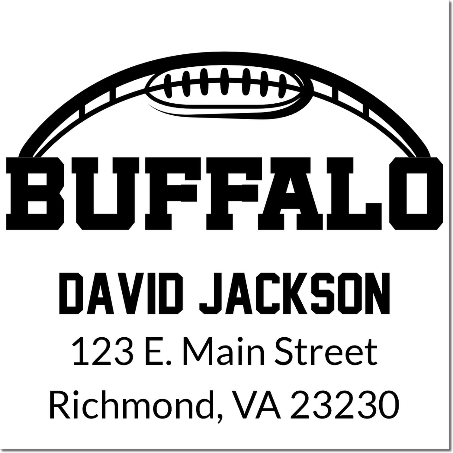 Custom Buffalo football address rubber stamp with name and Richmond, VA address for personalized mailing.