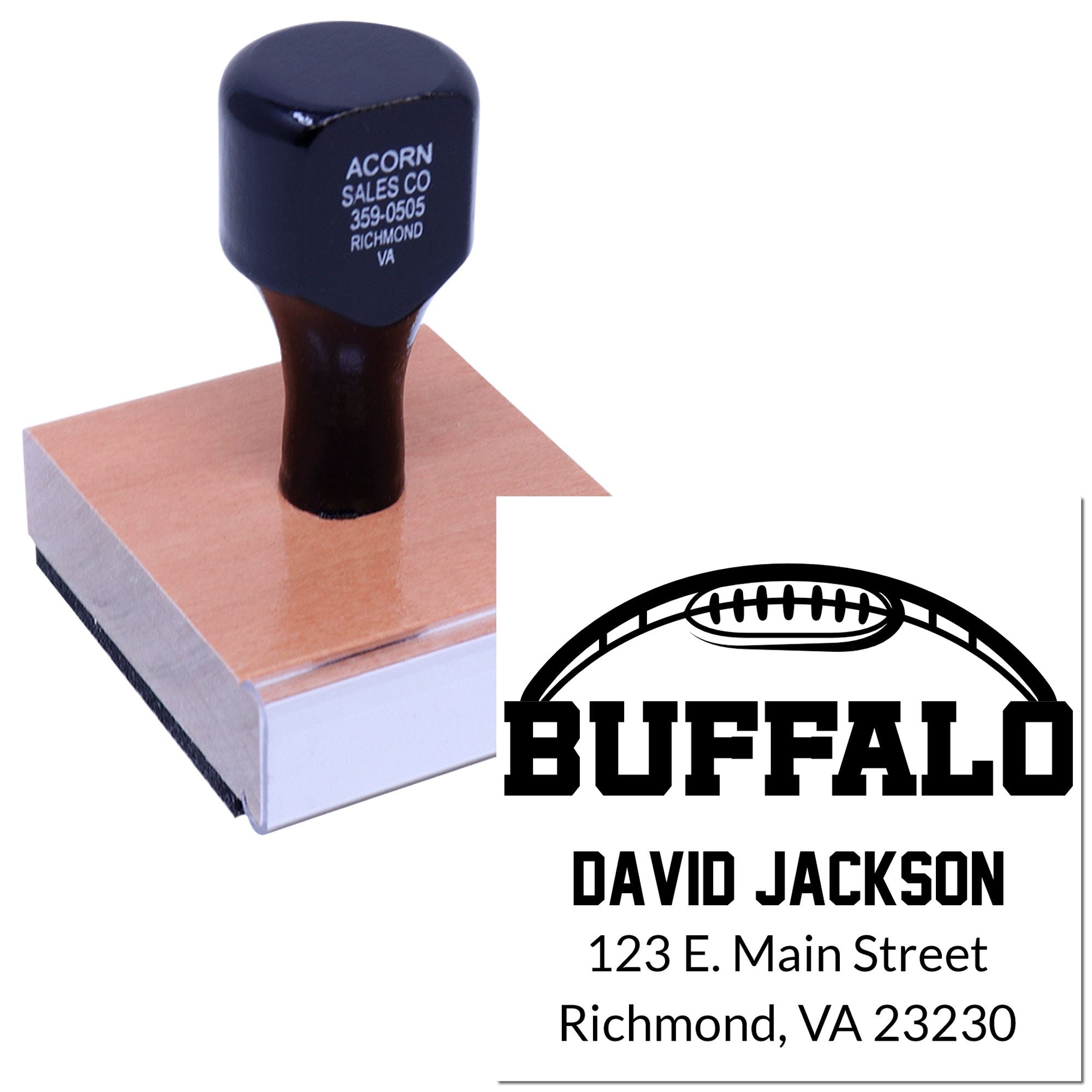 Custom Buffalo football return address rubber stamp with name, street address, and Richmond, VA zip code.