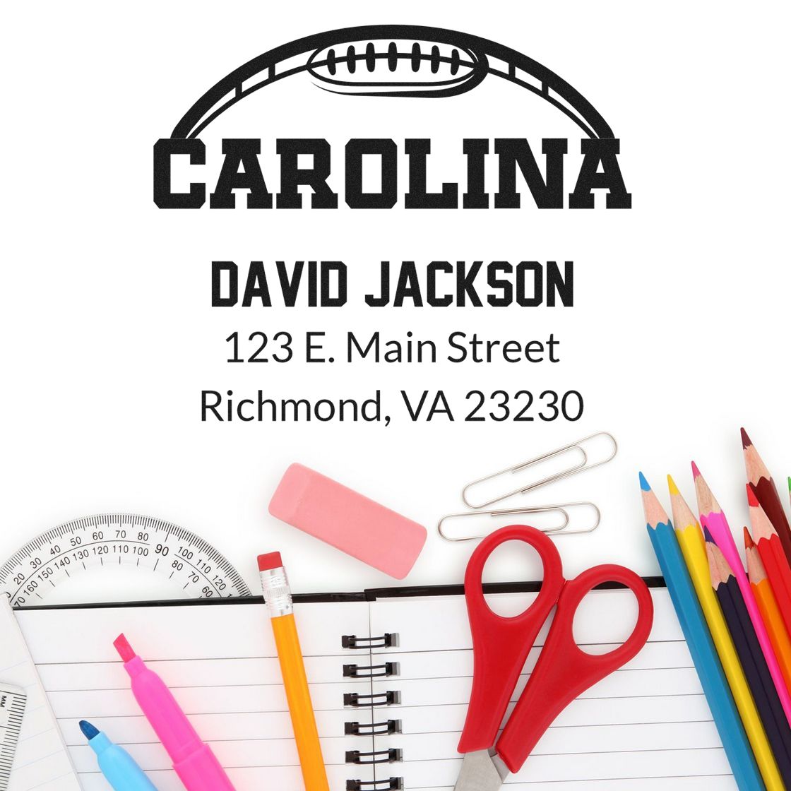 Custom Carolina football address rubber stamp for David Jackson, Richmond, VA, featuring sports logo and return address.