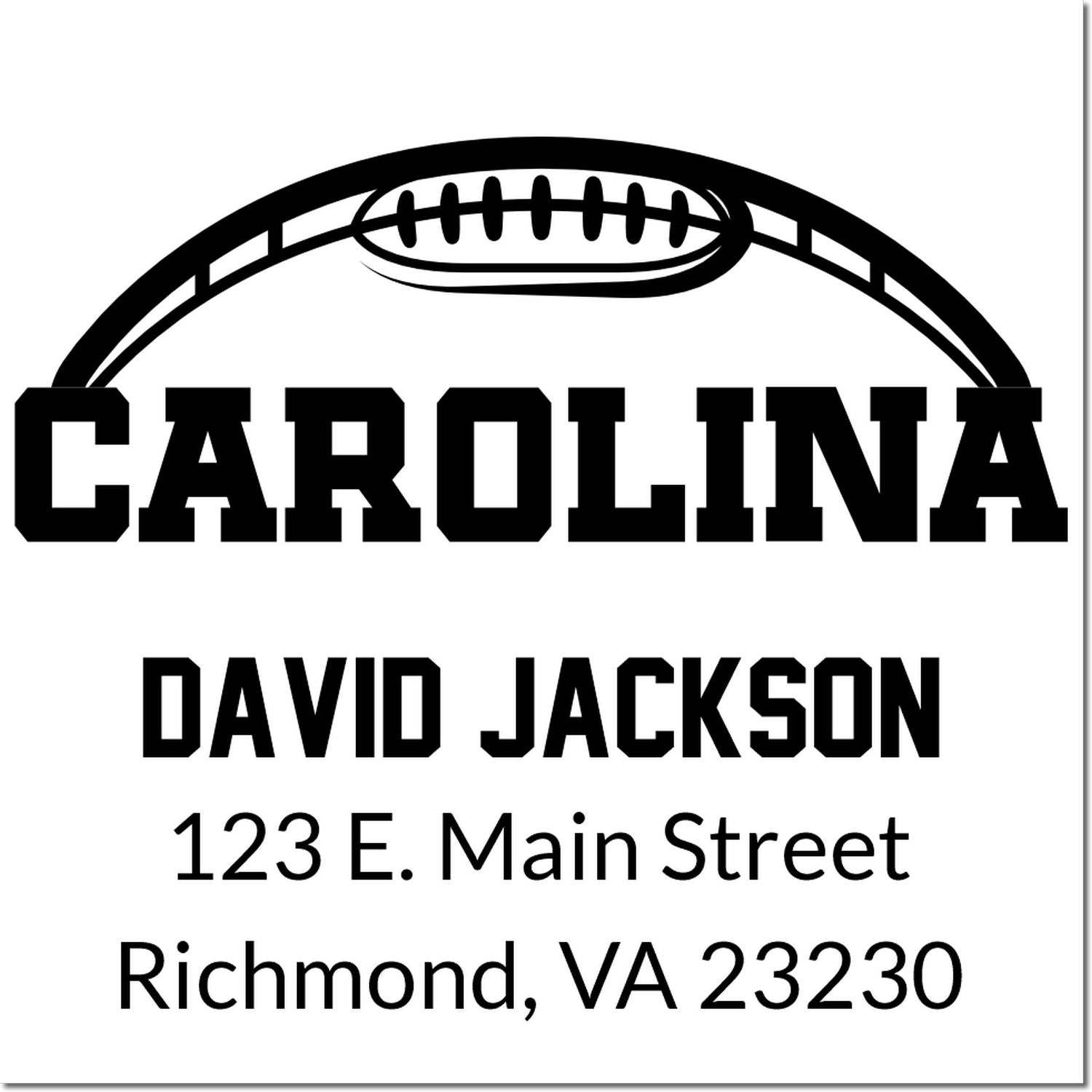 Custom Carolina football rubber stamp with David Jackson name and Richmond, VA return address for personalized mailings
